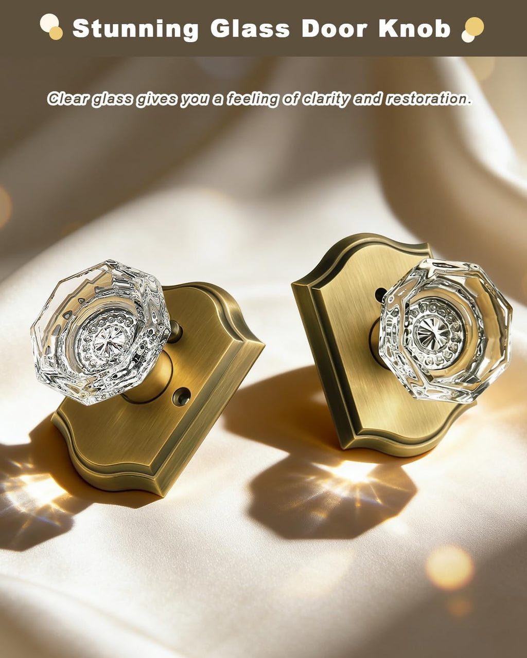 Gobrico 10 Project Pack Octagonal Crystal Door Knobs with Lock,Interior Privacy Door Locksets for Bedroom/Bathroom,Keyless Outside,Push Pin Inside,Antique Brass,Heavy Duty