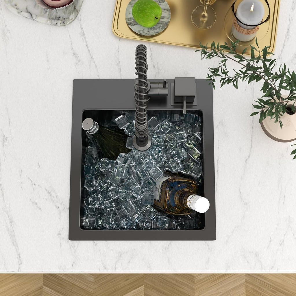 13 In Gunmetal Black Drop Bar Sink 13 x 15 Inch Kitchen Sink 18 Gauge Stainless Steel Single Bowl Topmount Handmade Sink for Outdoor, RV, 13x15x9