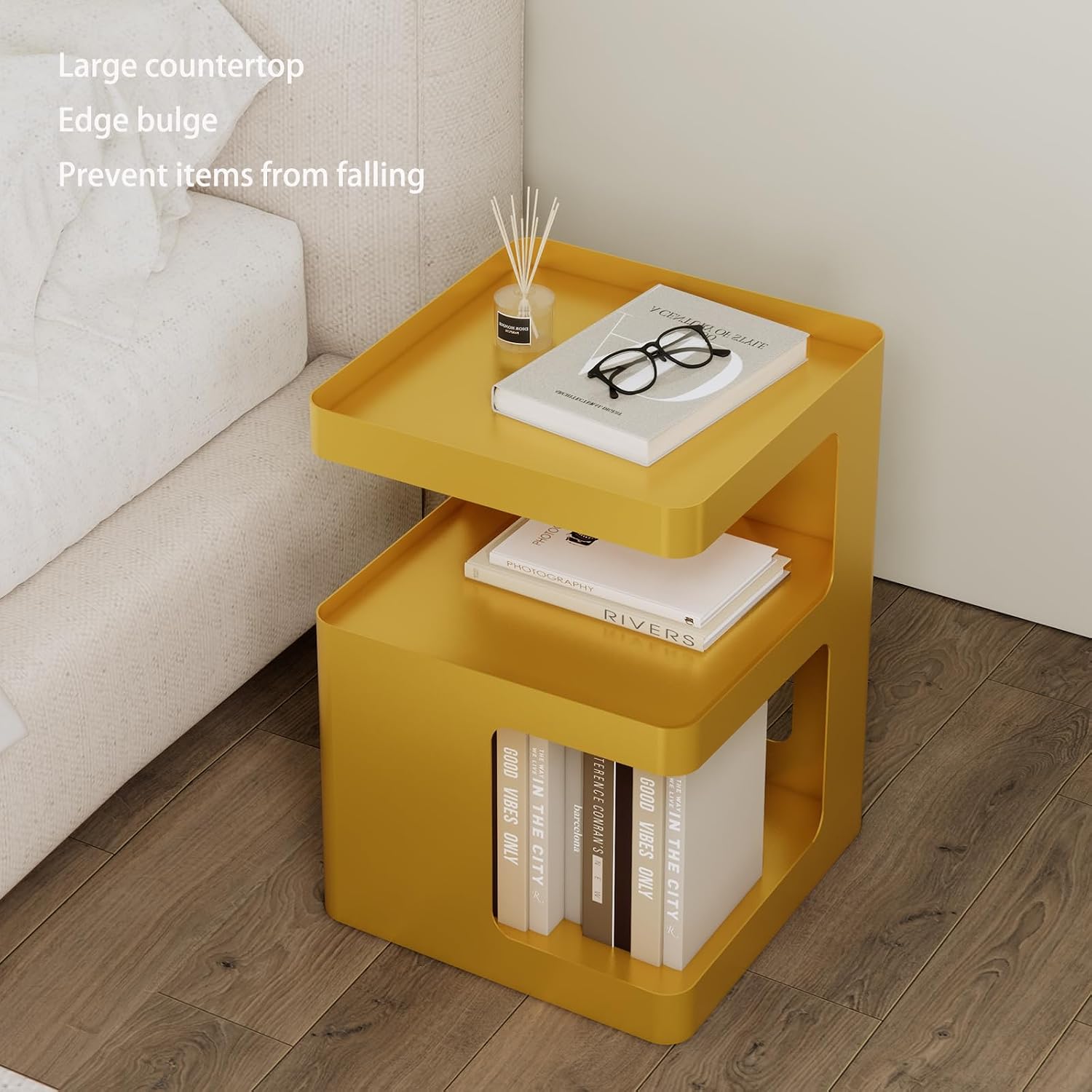 Gold Side Table,Modern end Table with Storage,Unique nightstand,Metal Small Bedside Table,3-Tier Accent Table for Bedroom,Living Room,Small Space,Couch.No Assembly Required