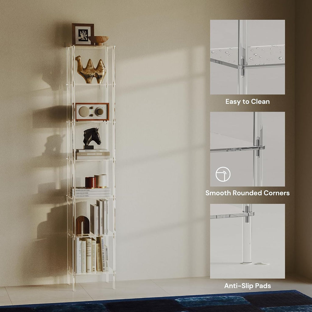 7-Tier Square Acrylic Bookshelf, Clear Tall Narrow Bookcase for Small Space, Corner Open Display Book Shelves for Home Office, Living Room, Bedroom, Modern, 11.6''W x 63.7''H