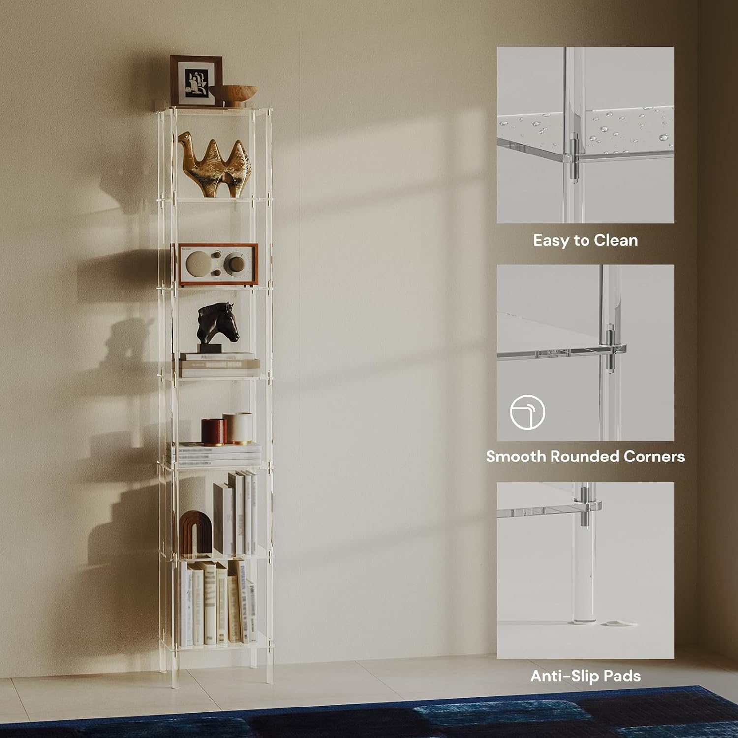 7-Tier Square Acrylic Bookshelf, Clear Tall Narrow Bookcase for Small Space, Corner Open Display Book Shelves for Home Office, Living Room, Bedroom, Modern, 11.6''W x 63.7''H