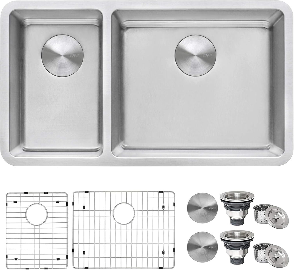 Ruvati 32-inch Undermount Kitchen Sink - 30/70 Double Bowl Kitchen sink - 16 Gauge Stainless Steel Kitchen Sinks with Brushed Finish hides scratches, Easy-to-Clean Undermount Sink - RVM5307