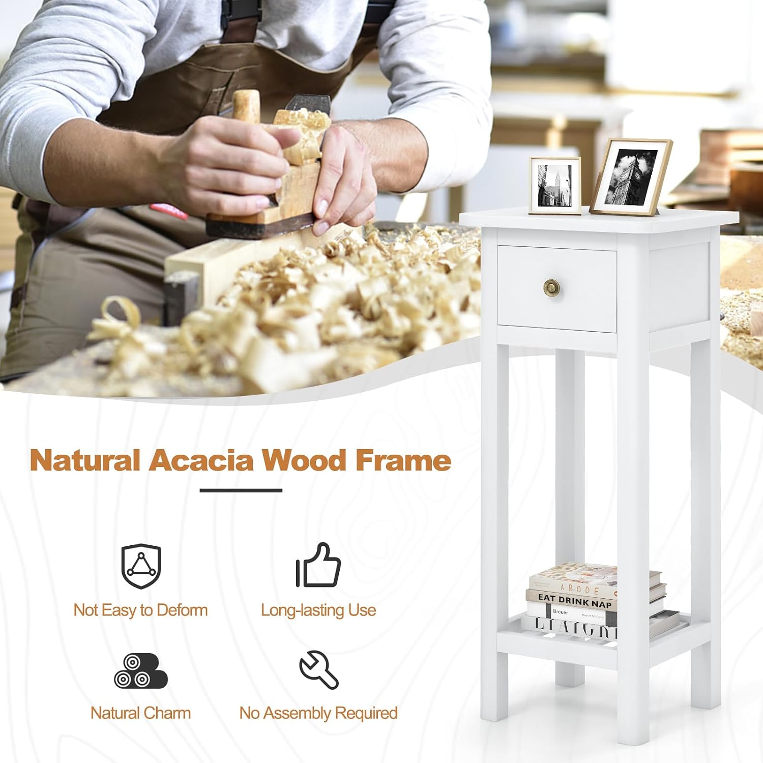 GOFLAME Narrow Side Table Set of 2, Small End Table with Drawer & Shelf, Farmhouse Acacia Wood Tall Sofa Side Table, Slim Nightstand Bedside Table for Small Space Living Room, No Assembly, White