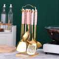 7 Pieces Ceramic Handle Stainless Steel Kitchenware Cooking Utensils Kitchen Utensils Set with Holder Include Slotted Spoon Slotted Spatula Large Spoon Soup L,Pink-Large