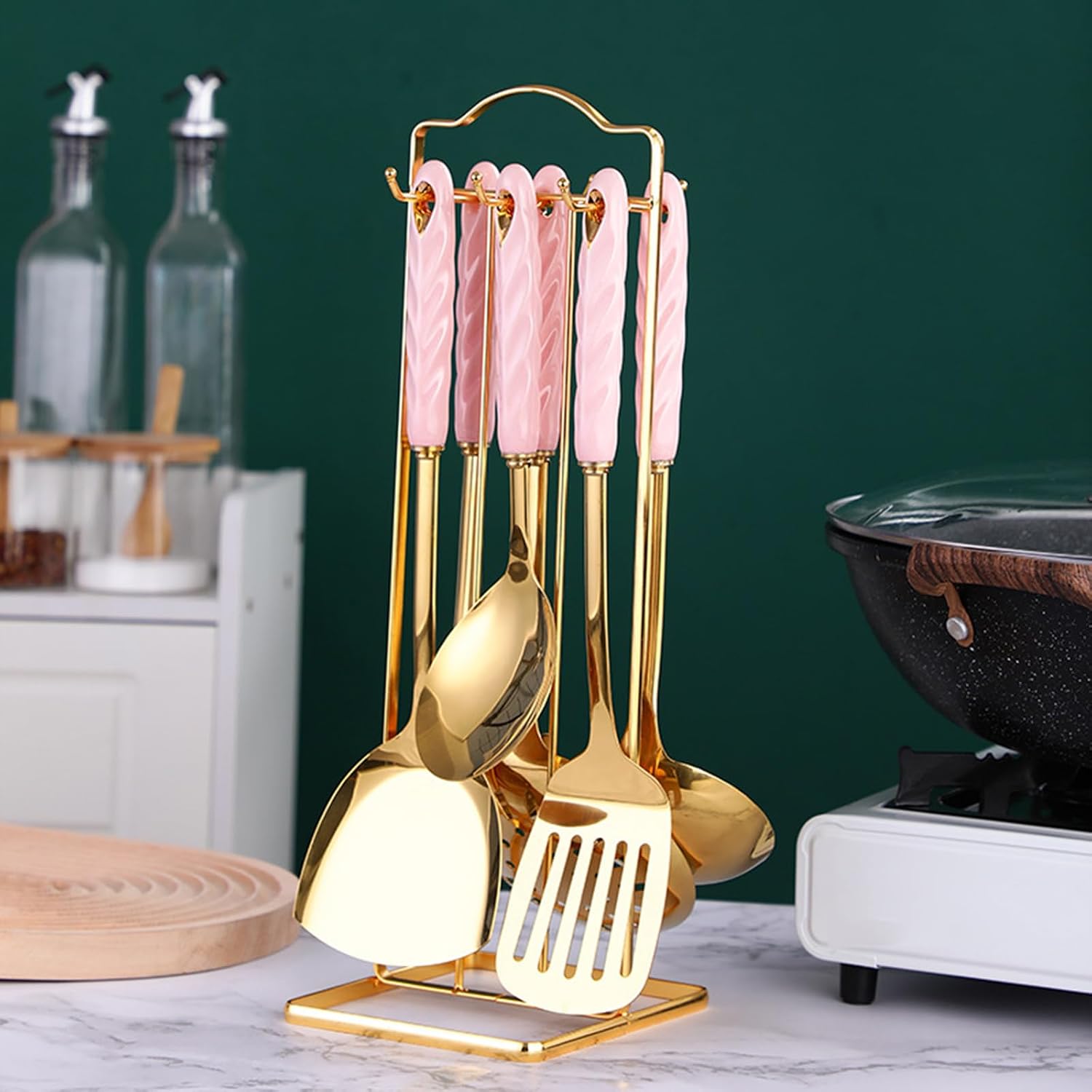 7 Pieces Ceramic Handle Stainless Steel Kitchenware Cooking Utensils Kitchen Utensils Set with Holder Include Slotted Spoon Slotted Spatula Large Spoon Soup L,Pink-Large