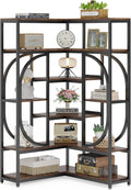 LITTLE TREE Large Corner Bookshelf Industrial Bookcase for Living Room Home Office,Brown