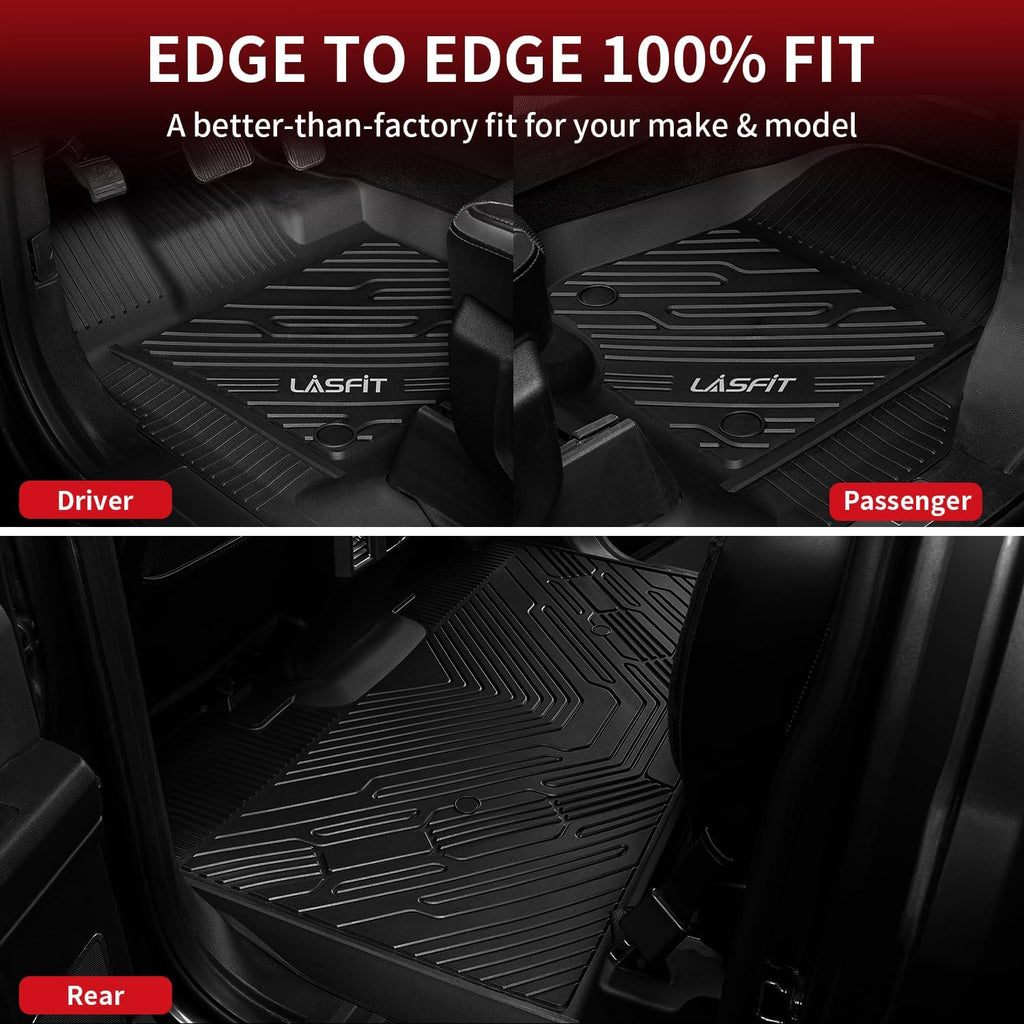 LASFIT Floor Mats for Ford F-150 2015-2026 | F150 Lightning 2022-2025 SuperCrew (Rear w/o Fold Flat Storage) Carpet Floor All Weather Protector TPE Truck Liners- 1st & 2nd Row, 3pcs Black