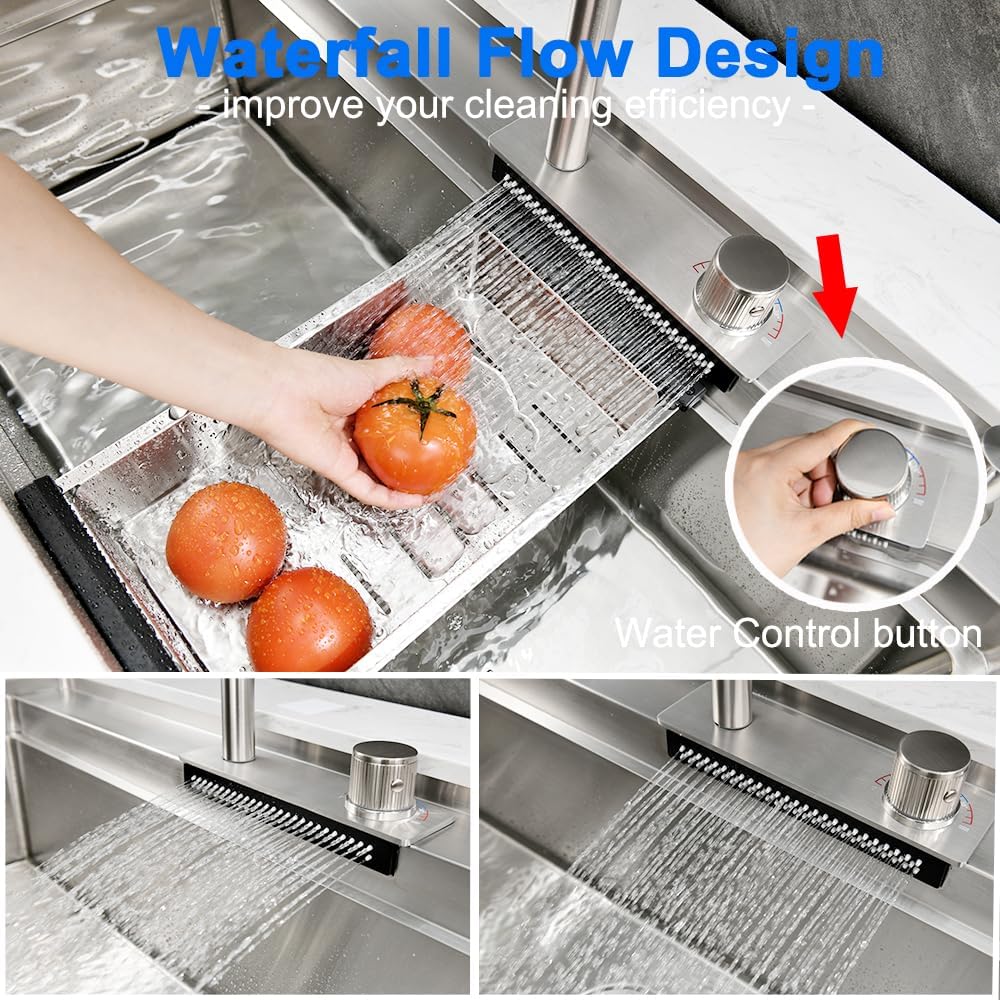 33 Inch Undermount Waterfall Kitchen Sink, 33x19 Undermount Kitchen Sink Stainless Steel Kitchen Sink with Faucet 16 Gauge Single Bowl Multifunctional Kitchen Sink