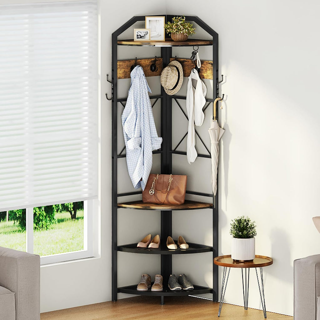 Corner Coat Rack with Storage, Entryway Hall Tree with Bench and 10 Metal Hooks, Freestanding Clothes Rack Shoes Shelf Organizer for Home Office Bedroom, Rustic Brown