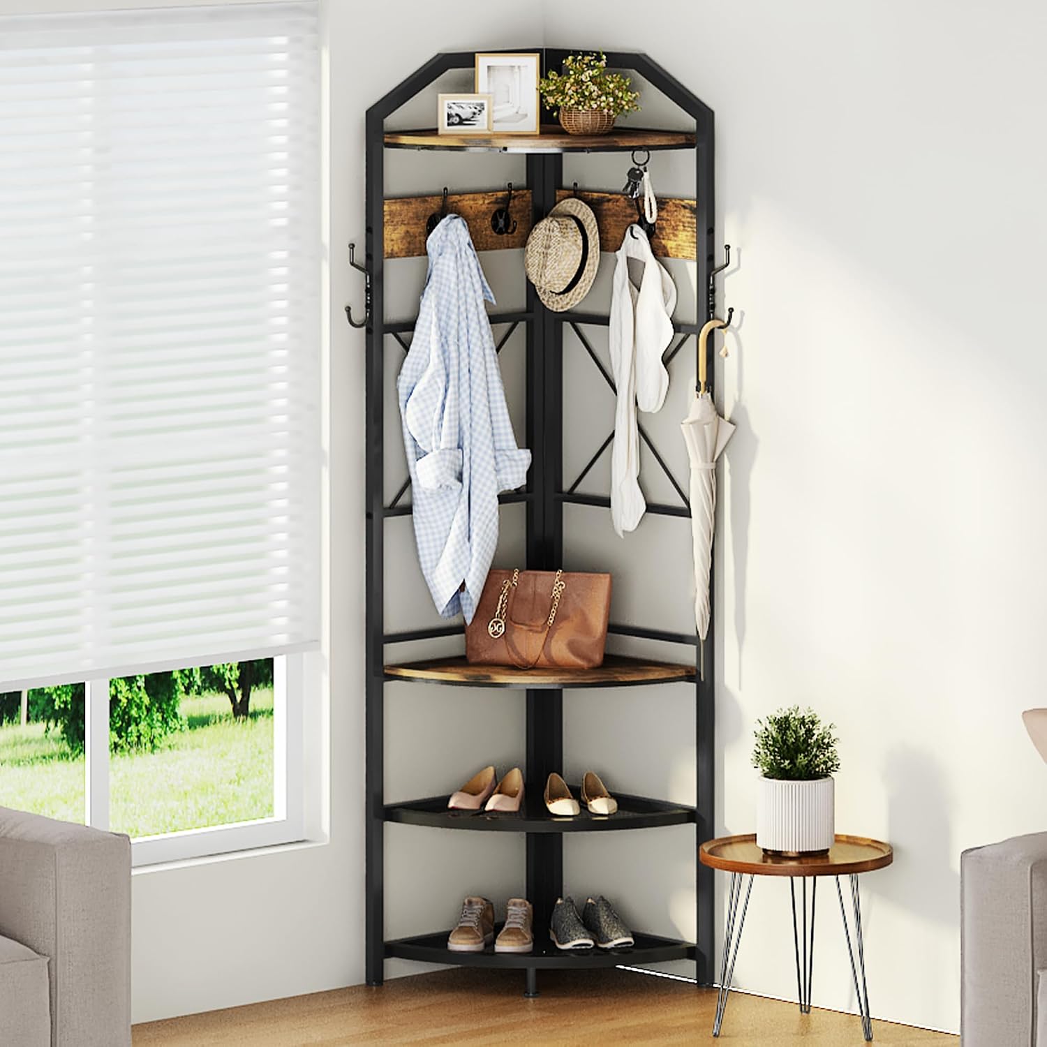 Corner Coat Rack with Storage, Entryway Hall Tree with Bench and 10 Metal Hooks, Freestanding Clothes Rack Shoes Shelf Organizer for Home Office Bedroom, Rustic Brown