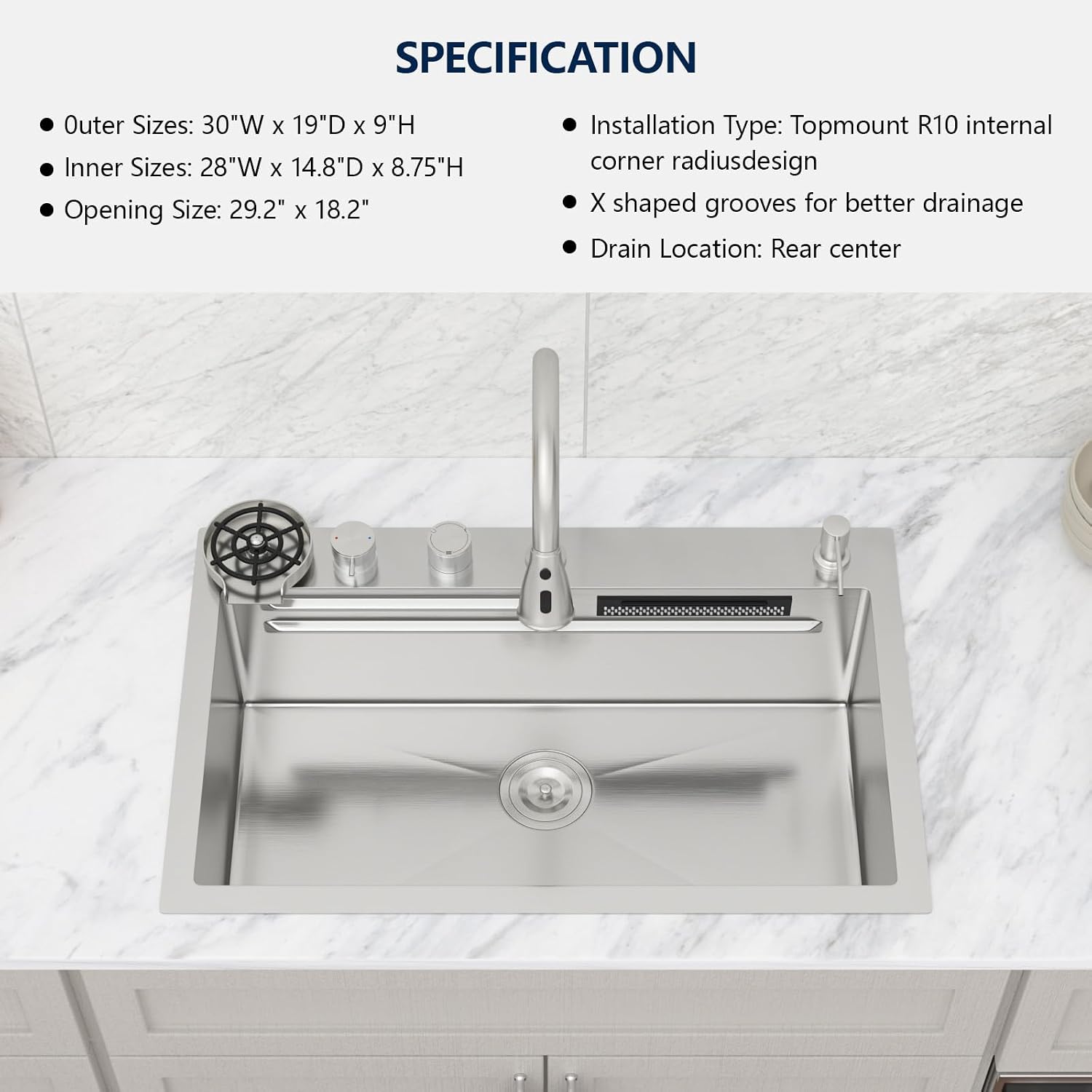 Logmey 30' Luxury Waterfall Sink Nano PVD Drop in Kitchen Sink with Faucet,16 Gauge Stainless Single Bowl Sinks with Two Knobs,Dual Split Rain Fall,Double Step,30x19x9