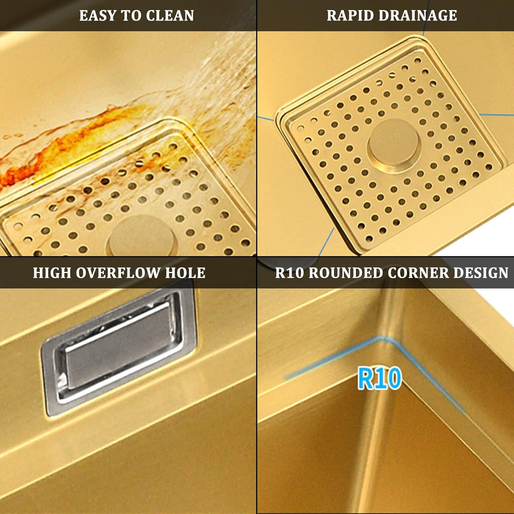 304 Stainless Steel Ro Kitchen Sink Gold Double Bowl Bar Prep Sink Multi-Purpose RV Sink with Faucet and Drain Assembly Drop in Or Under Mount (Color : Gold-b, Size : 82x46x24cm)