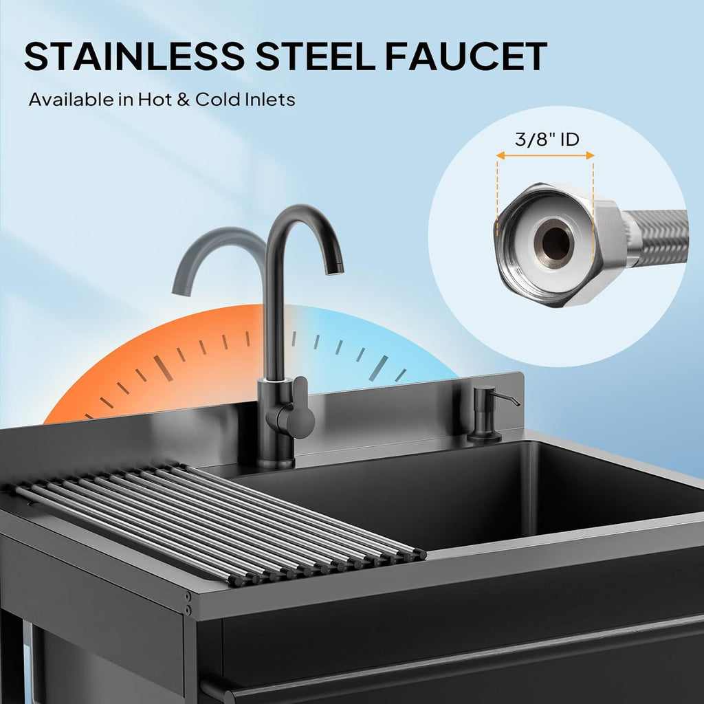 ROVSUN Stainless Steel Utility Sink, Free Standing with Faucet & Draining Rack for Laundry Room, Kitchen, Restaurant, Garage, Outdoor Garden, Backyard, Industrial 22'D x 30.71'W x 40.35'H Black