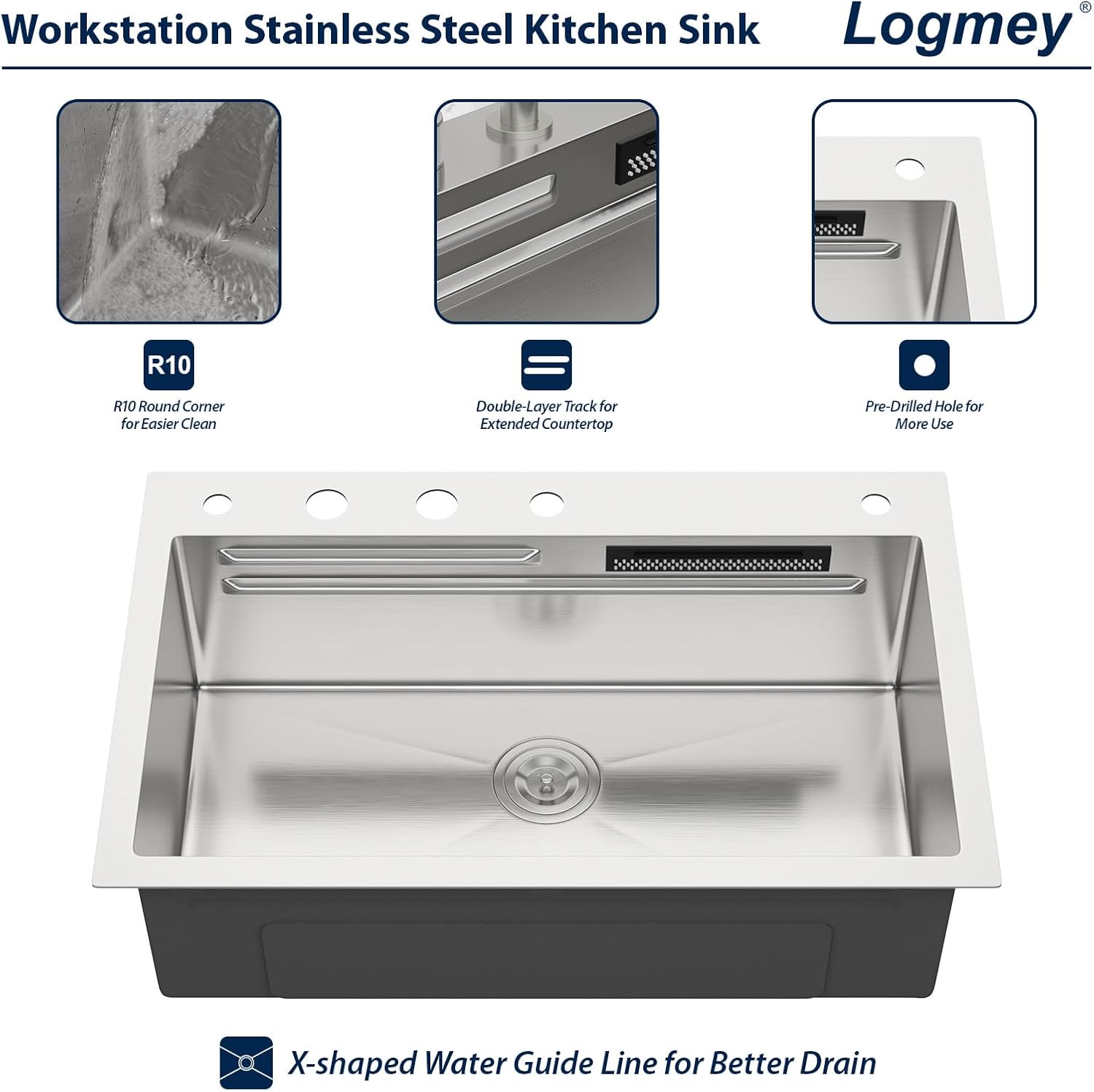 Logmey 30' Luxury Waterfall Sink Nano PVD Drop in Kitchen Sink with Faucet,16 Gauge Stainless Single Bowl Sinks with Two Knobs,Dual Split Rain Fall,Double Step,30x19x9