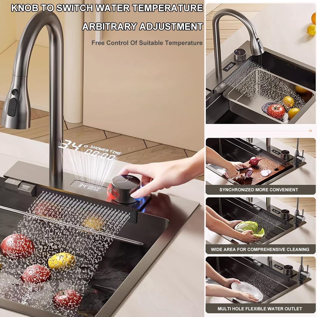 Stainless Steel Waterfall Sink Single-Bowl Kitchen Sink Nano-Coated Workstation Sink with Pull-Out Faucet and Cup Washer Easy-to-Clean (Color : Black, Size : 80x45x21cm) (Black 75x45x21cm)