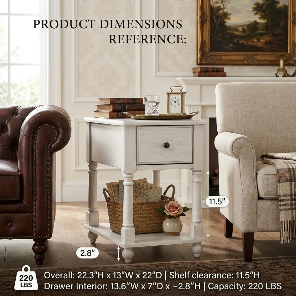 Narrow End Table with Drawer and Open Storage Shelf, Solid Wood Sofa Side Table for Living Room, Beside Table,Telephone Table for Small Spaces,No-Tools Assembly Vintage White BBJ004RW