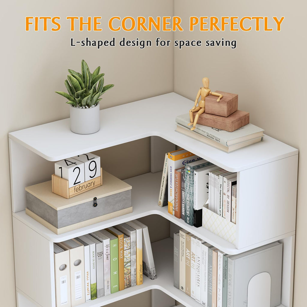 IOTXY 6-Tier L-Shaped Corner Bookshelf - 66' Tall Wooden Freestanding Bookcase with Open Shelf Units, Walnut