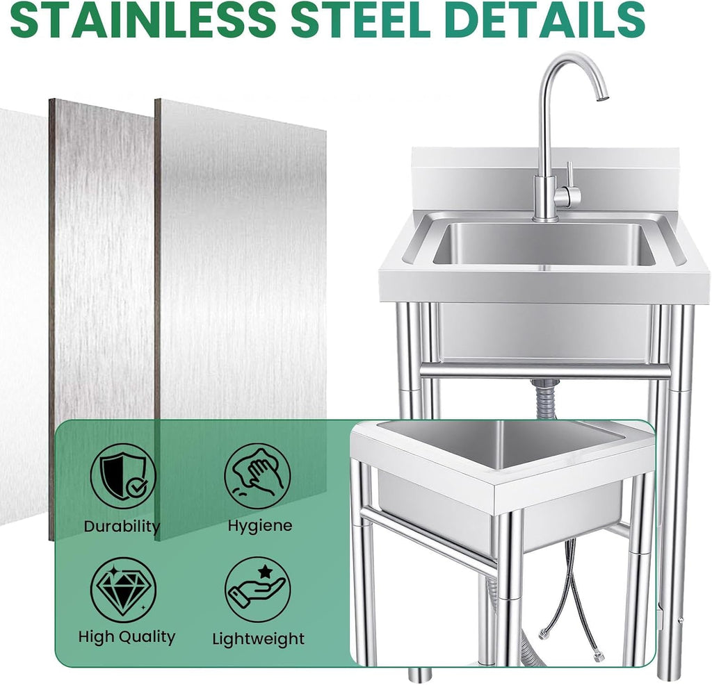 Utility Sink Stainless Steel Laundry Sink, 360 Degree Rotating Faucet, Hot And Cold Water Functions for Garage Kitchen Bathroom Laundry Use (Single Bowl 20'' Sink)
