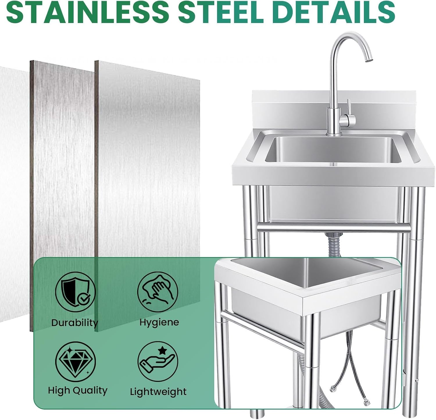 Utility Sink Stainless Steel Laundry Sink, 360 Degree Rotating Faucet, Hot And Cold Water Functions for Garage Kitchen Bathroom Laundry Use (Single Bowl 20'' Sink)