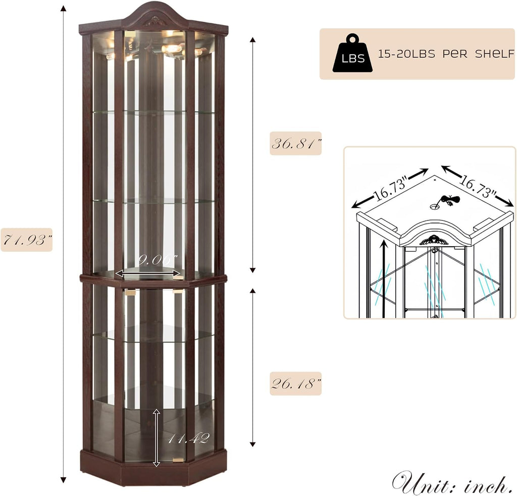 72' H Lighted Corner Display Curio Cabinet, Wooden Shelving Unit with Tempered Glass Doors, Bar and Liquor Storage Area with 6 Shelves, Rack for Living Room (Dark Cherry)