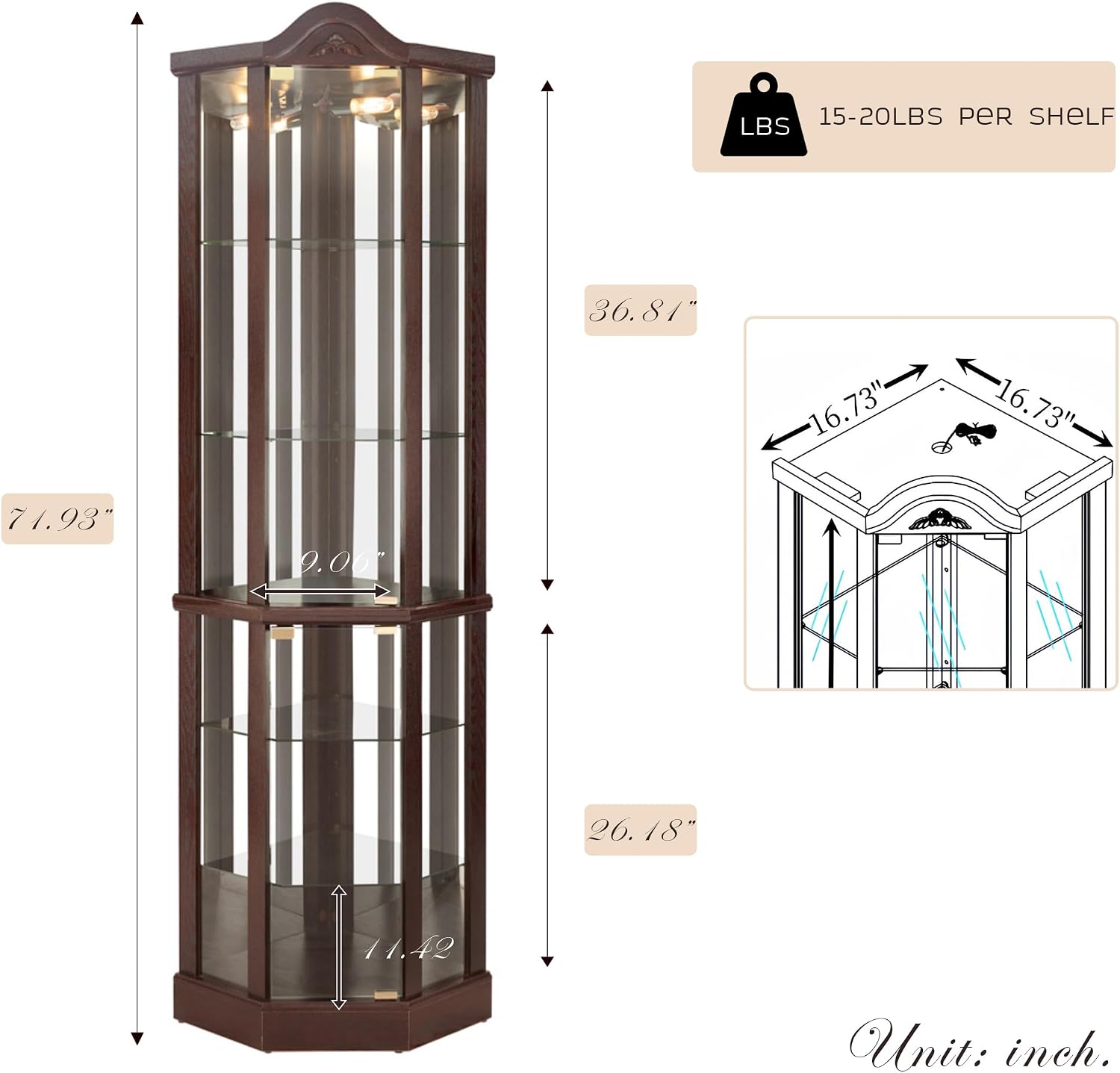 72' H Lighted Corner Display Curio Cabinet, Wooden Shelving Unit with Tempered Glass Doors, Bar and Liquor Storage Area with 6 Shelves, Rack for Living Room (Dark Cherry)