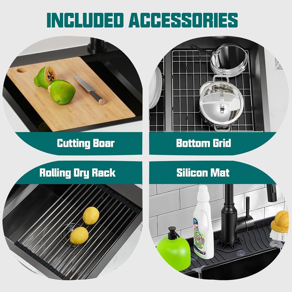 Black 50/50 Double Bowl Kitchen Workstation Sink, 33'x22' Stainless Steel Drop In Kitchen Sink Easy To Multitasking With Cutting Board,Drying Rack,Silicon Mat,Sink Grid And Drain Assembly