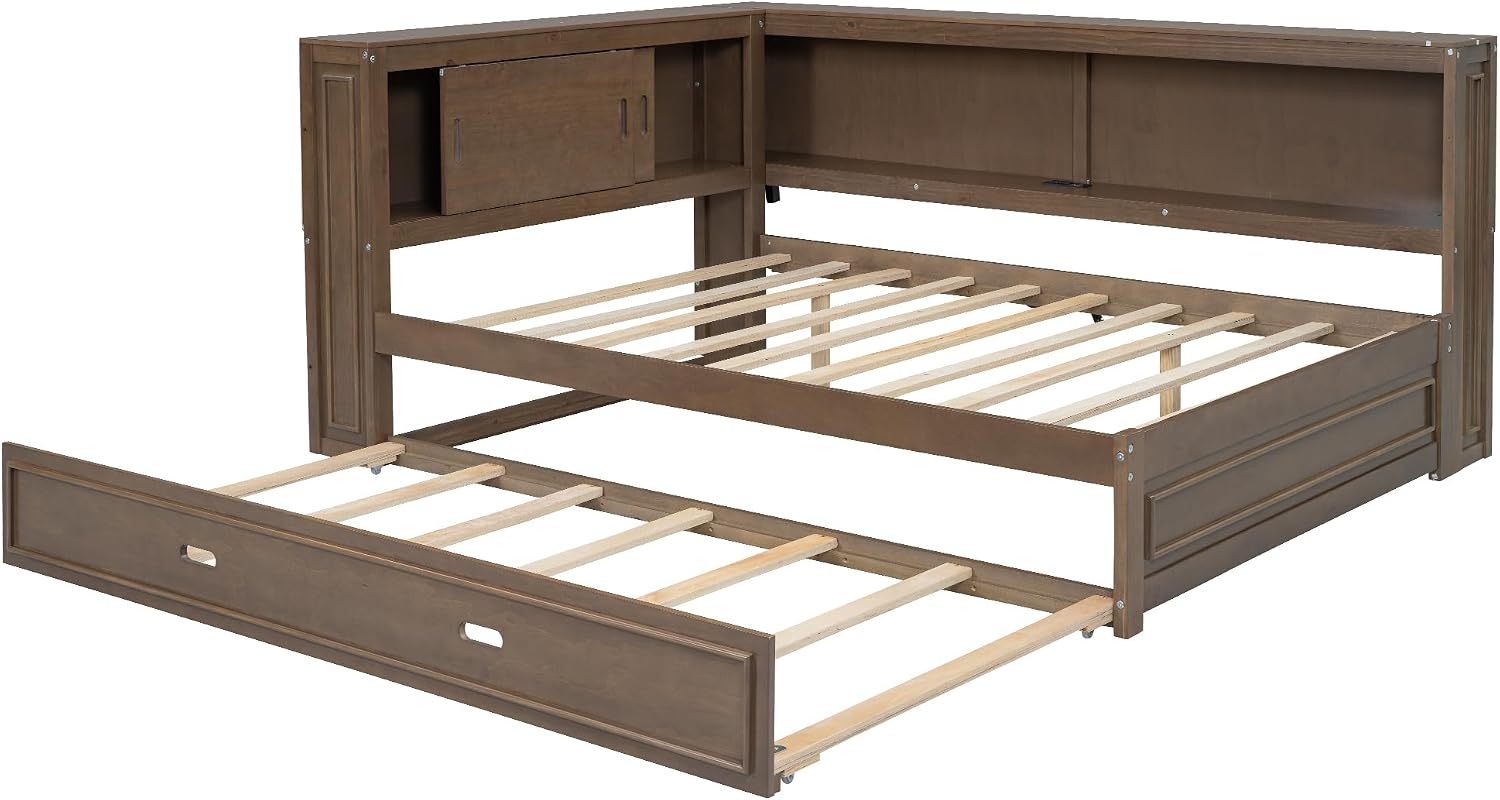 Merax Full Size Daybed Frame with Trundle Bed for Kids, Daybed Full Size with Storage Shelves and Headboard, Wood Corner Bed with USB Ports and LED for Living Room, Brown