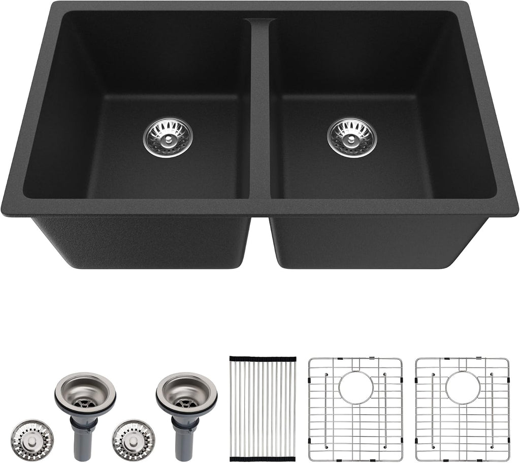 Dcolora 33 inch Quartz Matte Black Granite Composite Double Bowl Undermount Kitchen Sink Basin Deep 50/50 Split, DC-GU7761