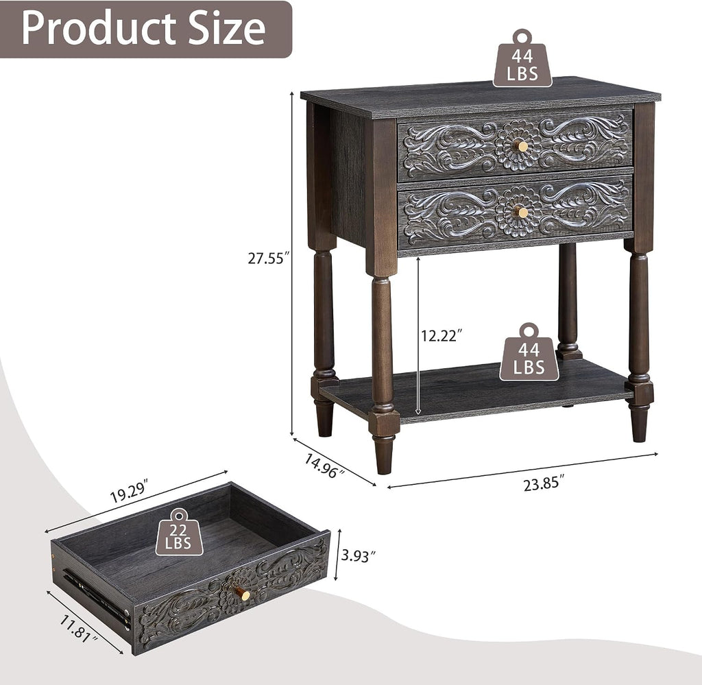Nightstand, Farmhouse Bedside Table with 2 Drawers and Open Shelf, Wood Sofa Side Table End Table Accent Dresser for Bedroom, Living Room (with Shelf, Black Brown)