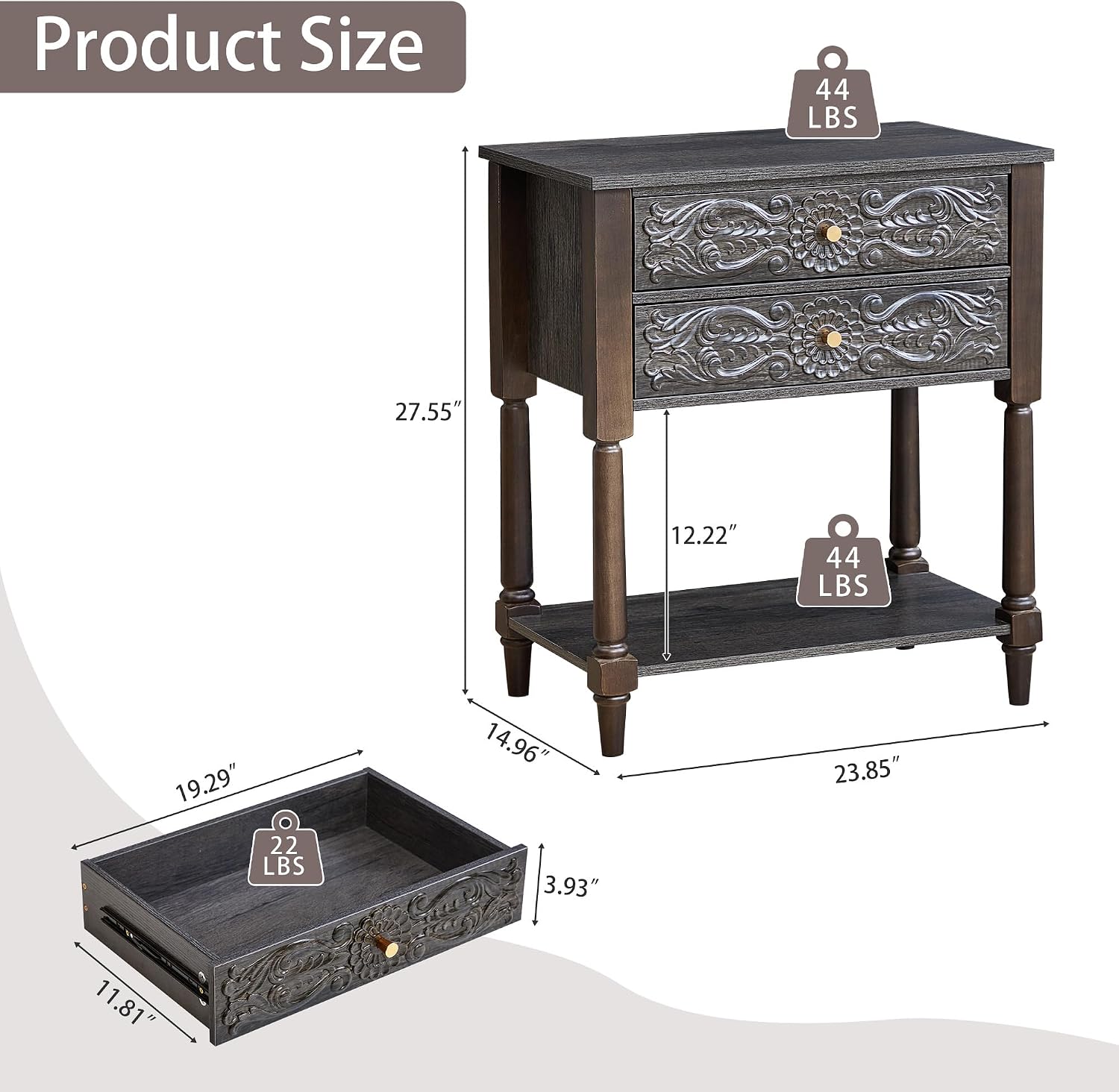 Nightstand, Farmhouse Bedside Table with 2 Drawers and Open Shelf, Wood Sofa Side Table End Table Accent Dresser for Bedroom, Living Room (with Shelf, Black Brown)