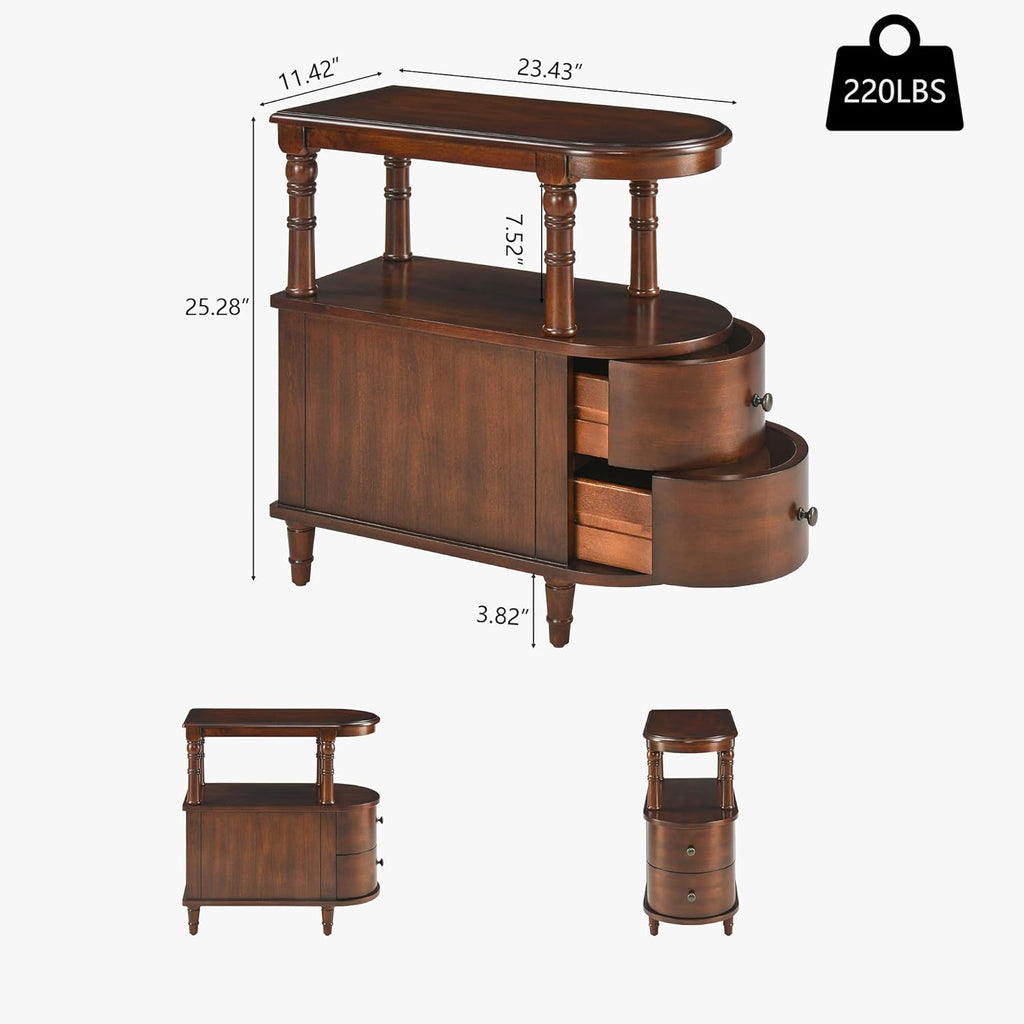 Narrow End Table Set of 2 with 2 Storage Drawers, Vintage Sofa Beside Table, Wood Slim SideTable for Living Room,Saving-space, 23.4'L x 11.4'W x 25.3'H, No-Tools Assembly, Cherry Walnut BG-A508-CY