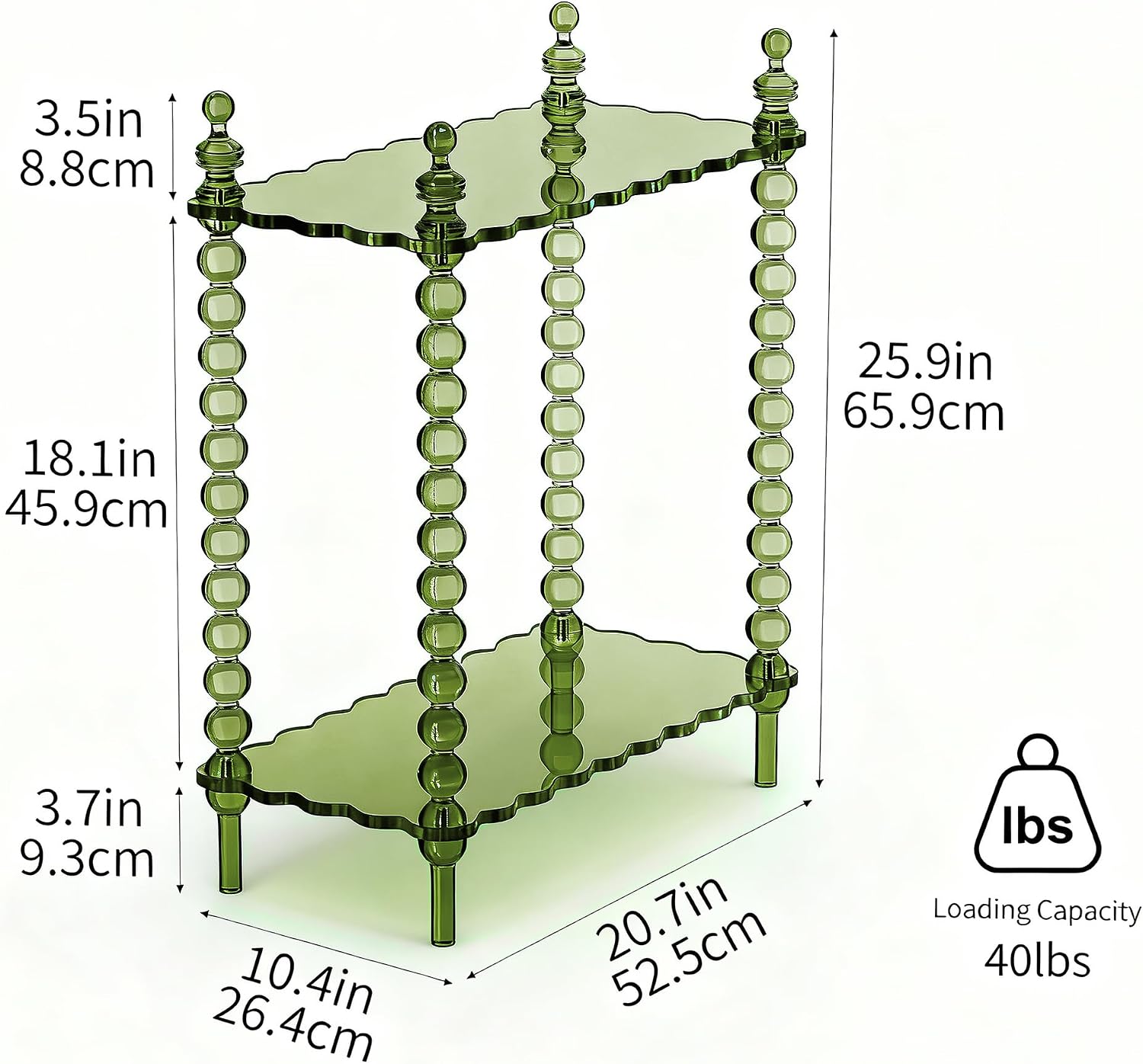Acrylic Side Table 2-Tier, Clear Nightstand with Storage, Narrow Bedside End Table for Small Spaces (Green, 20.6'×10.4'×26')