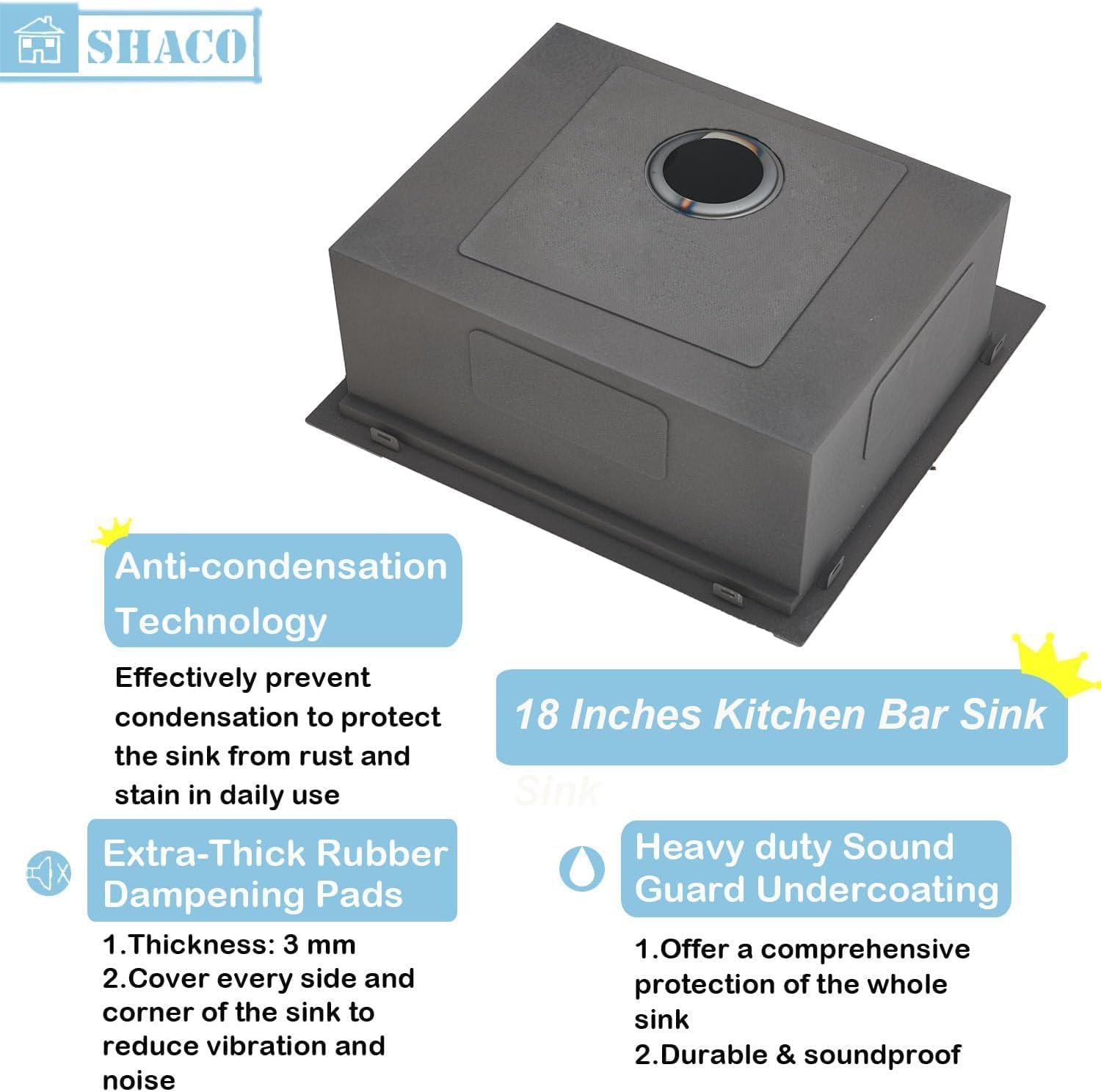 SHACO 18x18 Inch Drop In Black Bar Sink, 18 Inch Gunmetal Black Top Small Mount Kitchen Sink, 304 Stainless Steel 16 Gauge Single Bowl Laundry Prep RV Sink with Strainer Drain