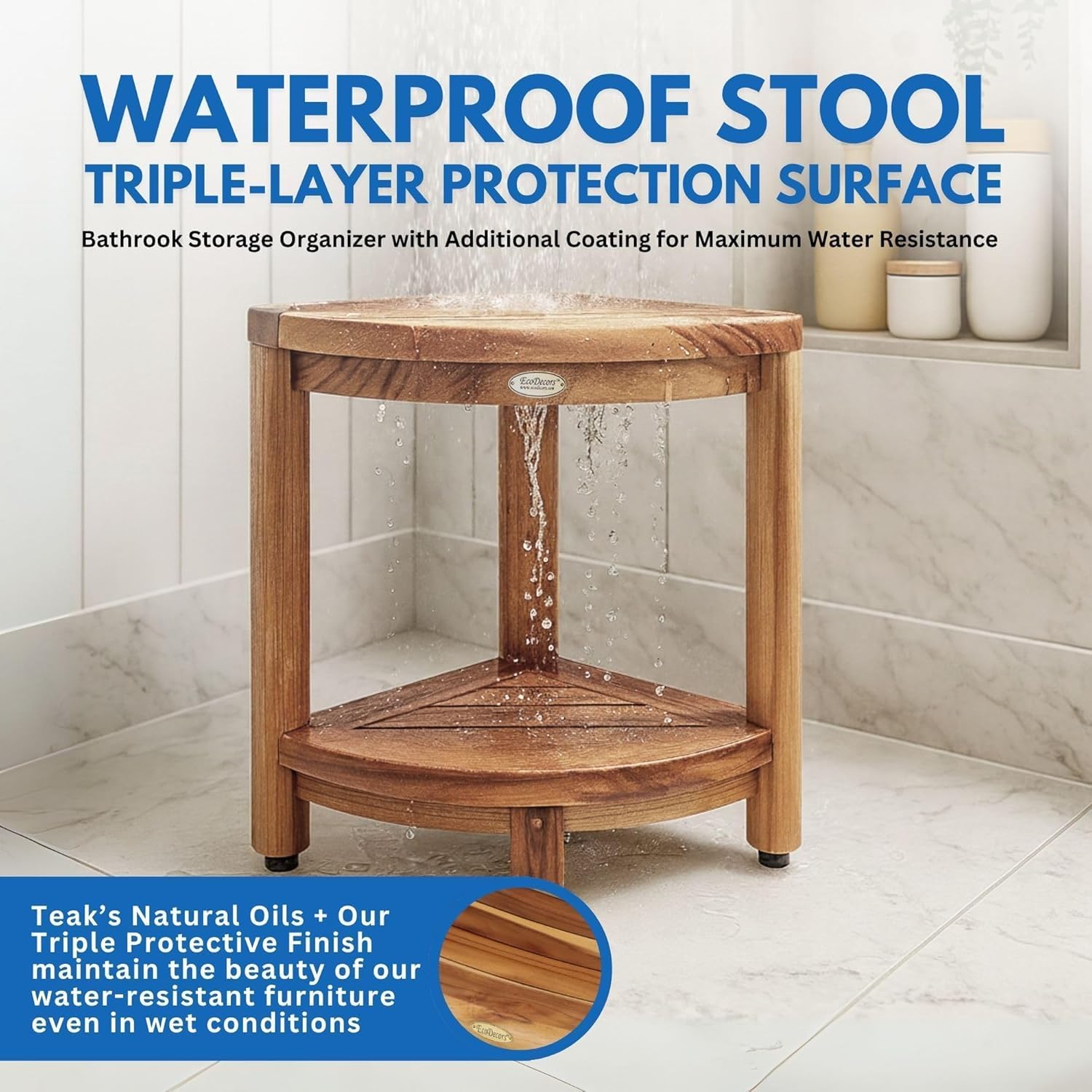EcoDecors Fully Assembled SnazzyCorner® 18' Teak Shower Bench, Corner Shower Stool, w Shelf in Earthy Teak Finish, Compact Fit for Small Bathrooms & Walk-in Showers – Slip-Resistant Feet, Sauna Bench