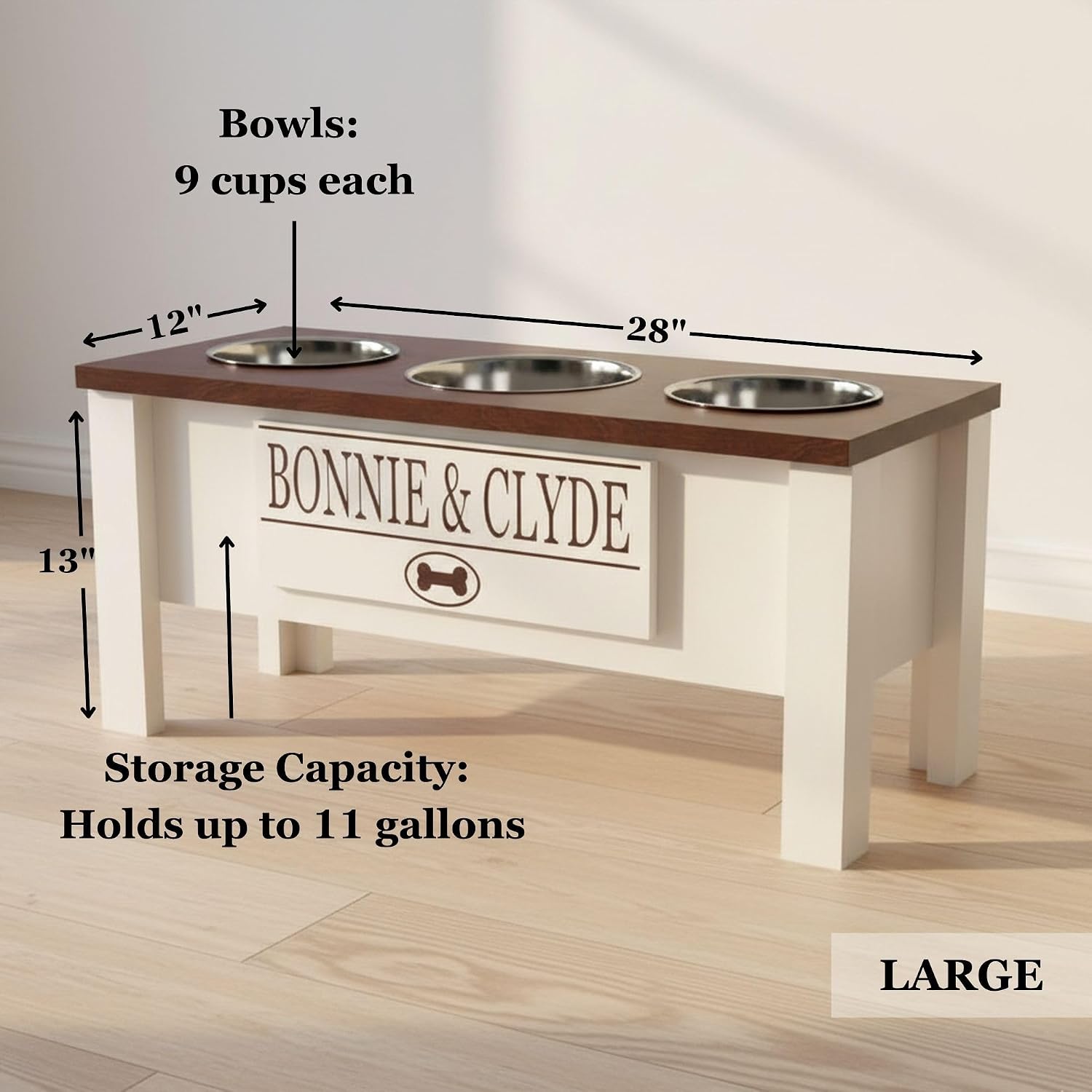 GTW Elevated 3 Bowl Dog Feeding Station - Customized Triple Stand for Large Dogs - Includes Storage & Stainless Steel Bowls (Large, Blue)