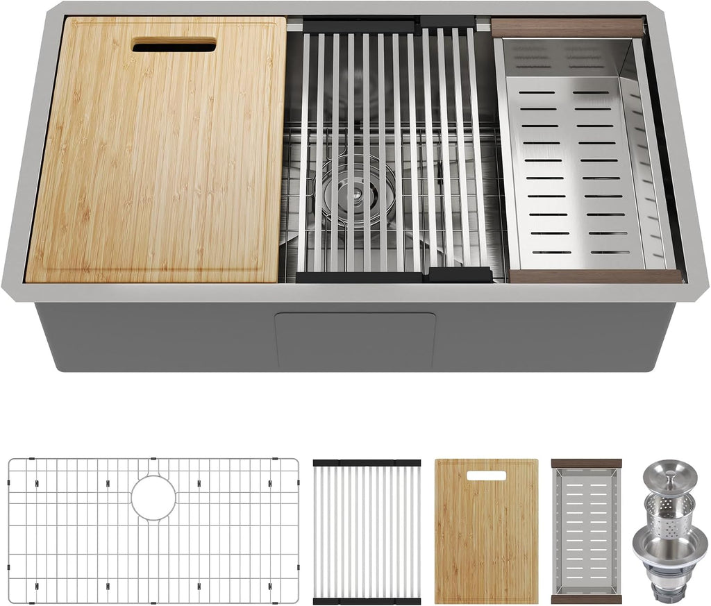 DeerValley Undermount Kitchen Sink Workstation 33 Inch, 16 Gauge Stainless Steel Single Bowl Sink, Handmade with Built-In Accessories, Ledge Design & Cutting Board