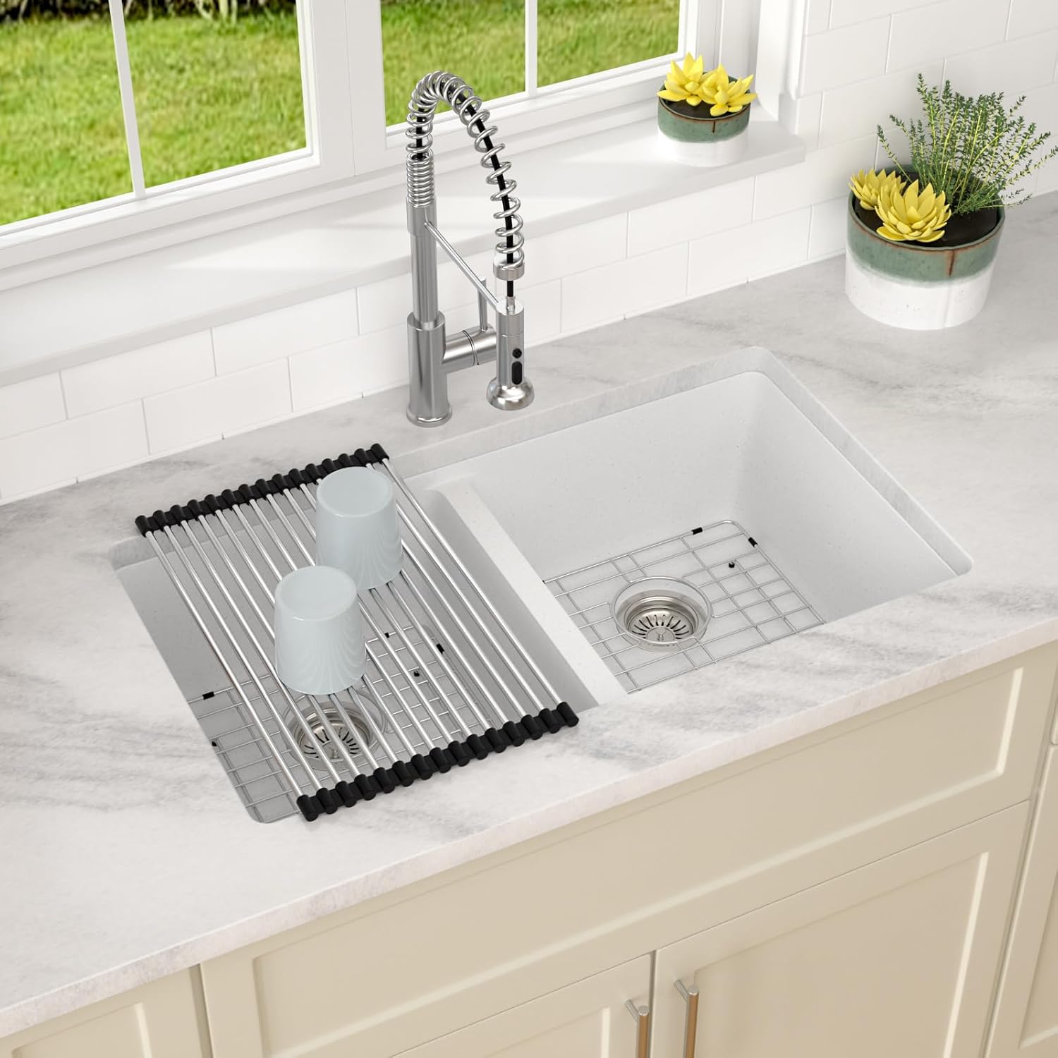 Dcolora 33 Inch Double Bowl Undermount Kitchen Sink White Deep Double Basin Prep Sink 50/50 Split Granite Composite 33'×19'×10',#DC-GU001W