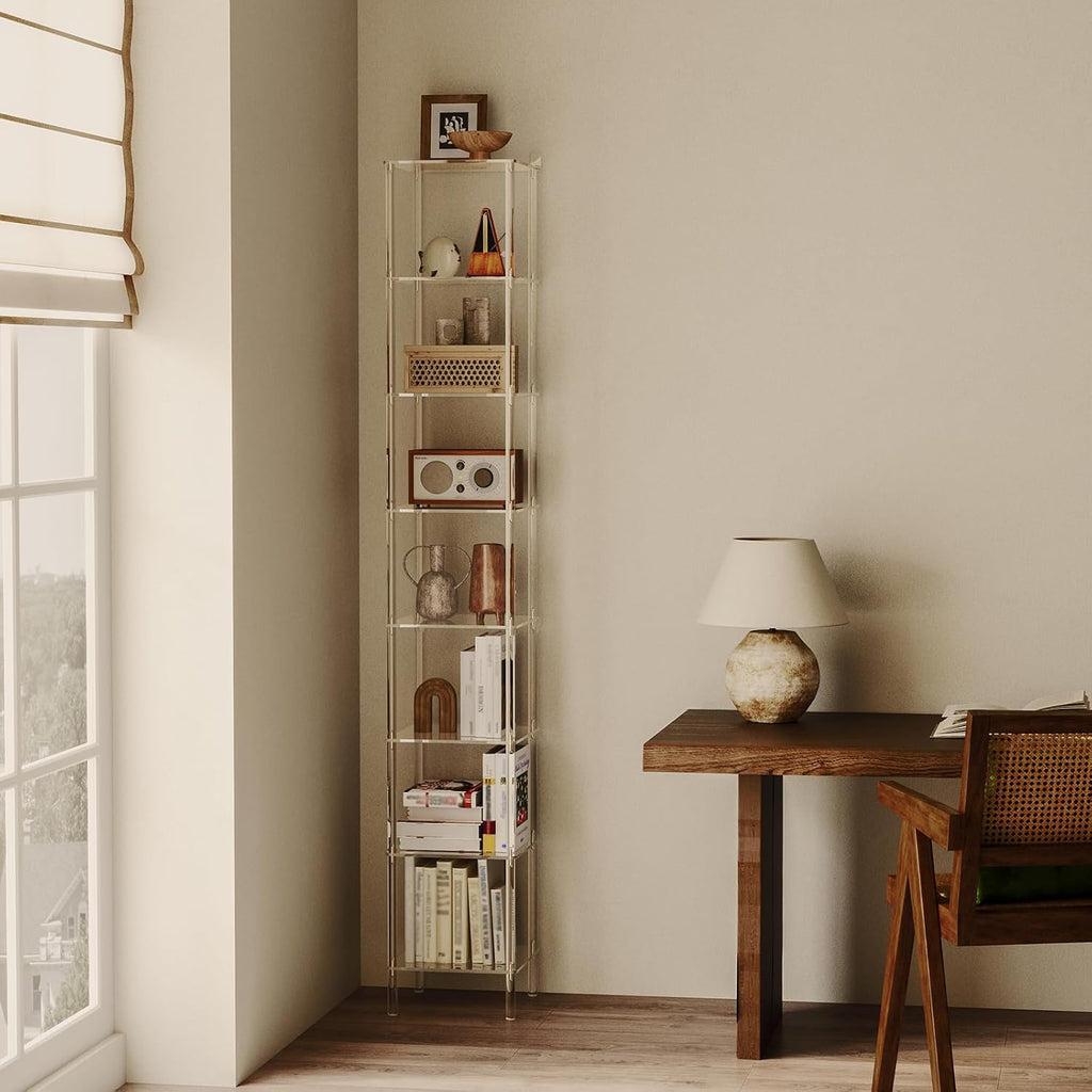 8-Tier Square Acrylic Bookshelf, Clear Tall Narrow Bookcase for Small Space, Corner Open Display Book Shelves for Home Office, Living Room, Bedroom, Modern, 11.6''W x 73.7''H