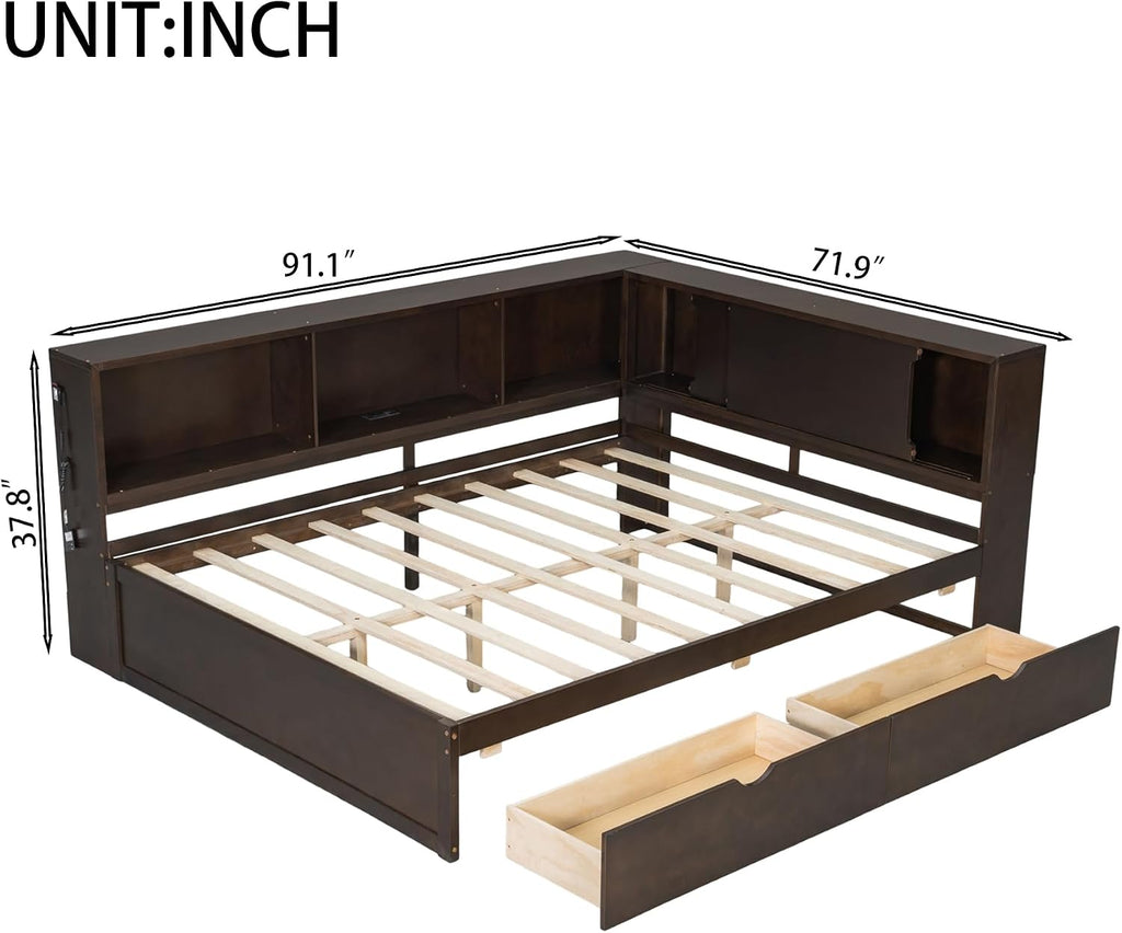 Merax Queen Size Daybed Frame with 2 Drawers and Storage Shelves for Kids, Teens or Adults, Wooden Corner Bed Sofa Bed with USB Ports and LED for Living Room or Bedroom, No Box Spring Needed, Brown