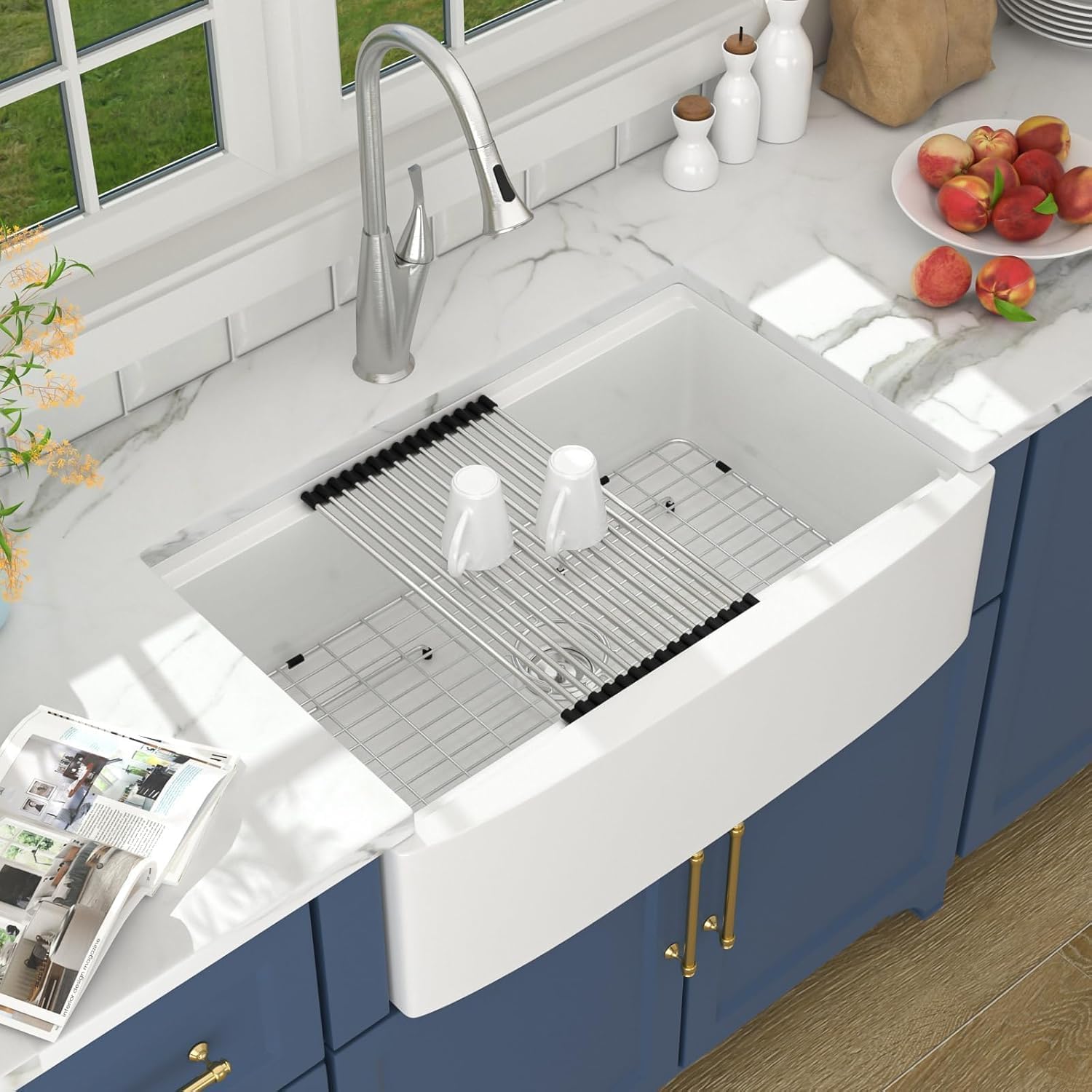 Lordear 33 Inch White Farmhouse Kitchen Sink – 33x21x10 Inch Fireclay Workstation Apron Front Single Bowl Porcelain Ceramic Farm Sinks