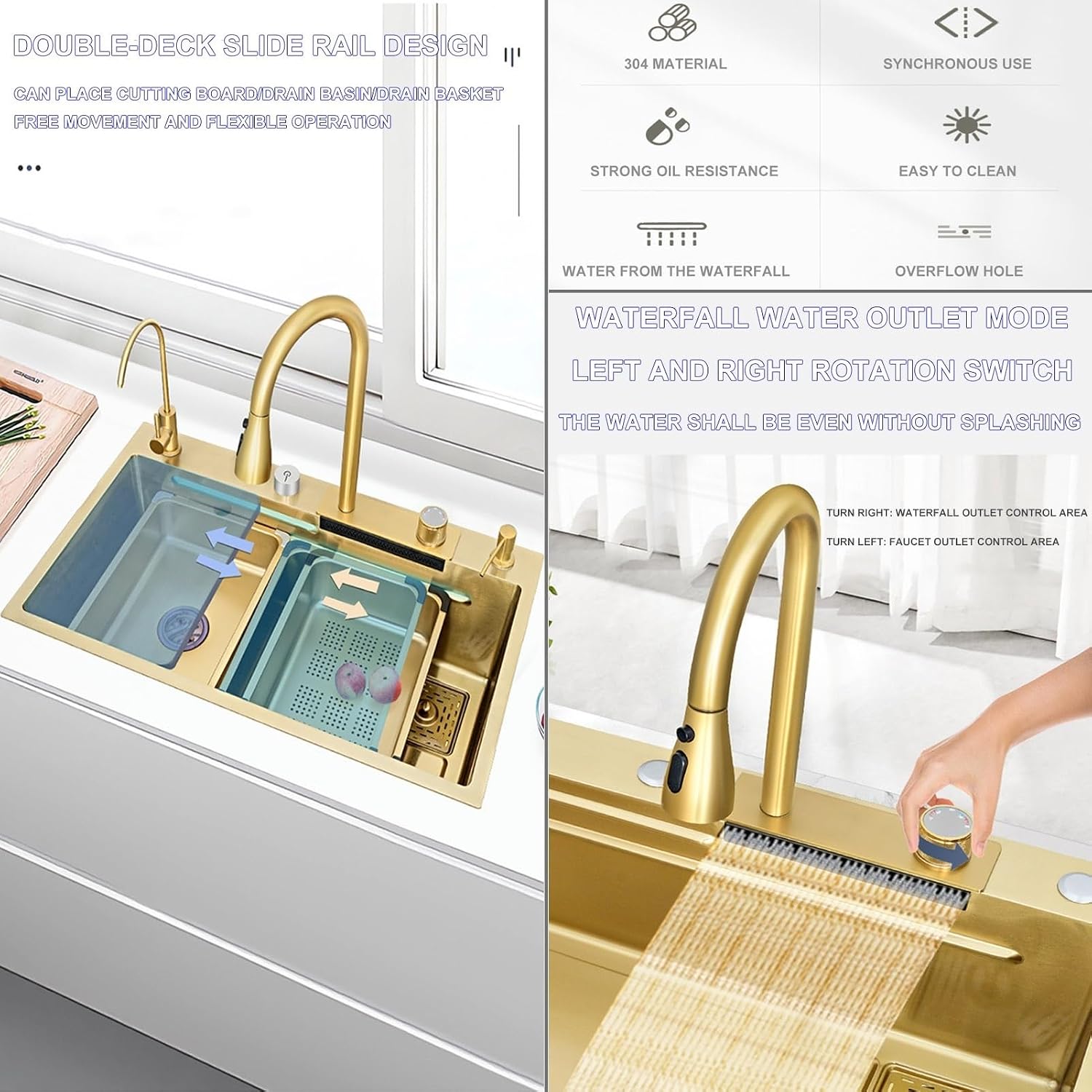 Waterfall Kitchen Sink Workstation Nanometer Waterfall Topmount Sink Stainless Steel Bar Sink Multifunction Single Bowl Kitchen Sink with Faucet Combo & Dra(Gold-75x45x22cm