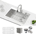 Kitchen Sink 27 x 22 inch Drop-In Top Mount 16 Gauge Tight Radius Single Bowl 2-Hole Stainless Steel Kitchen Sink and Accessories (Pack of 4)