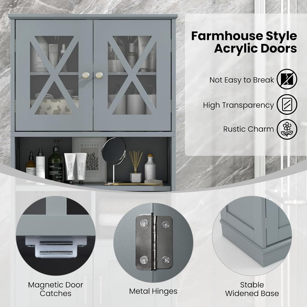 Tangkula Tall Bathroom Cabinet, Modern Kitchen Cupboard Pantry with Adjustable Shelves, 2 Acrylic Doors & 3 Open Cubes, Large Floor Storage Cabinet for Bathroom Living Room (23.5 x 12 x 57 Inch,Grey)
