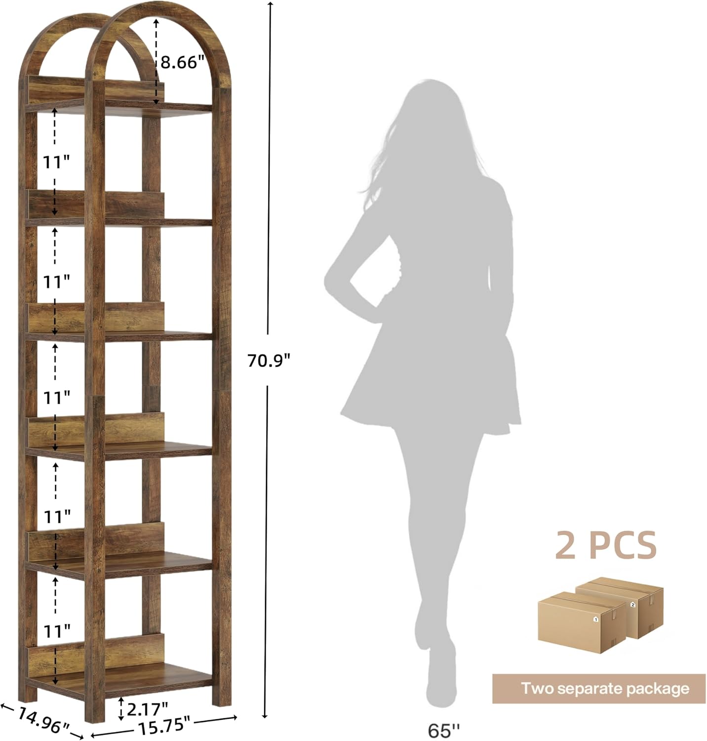 Tribesigns 6-Tier Narrow Bookshelf, 71' Tall Arched Bookcase with Shelves for Small Space, Skinny Wooden Display Shelf Open Storage Rack for Living Room, Home Office, Bathroom, Kitchen, Brown, 2PCS