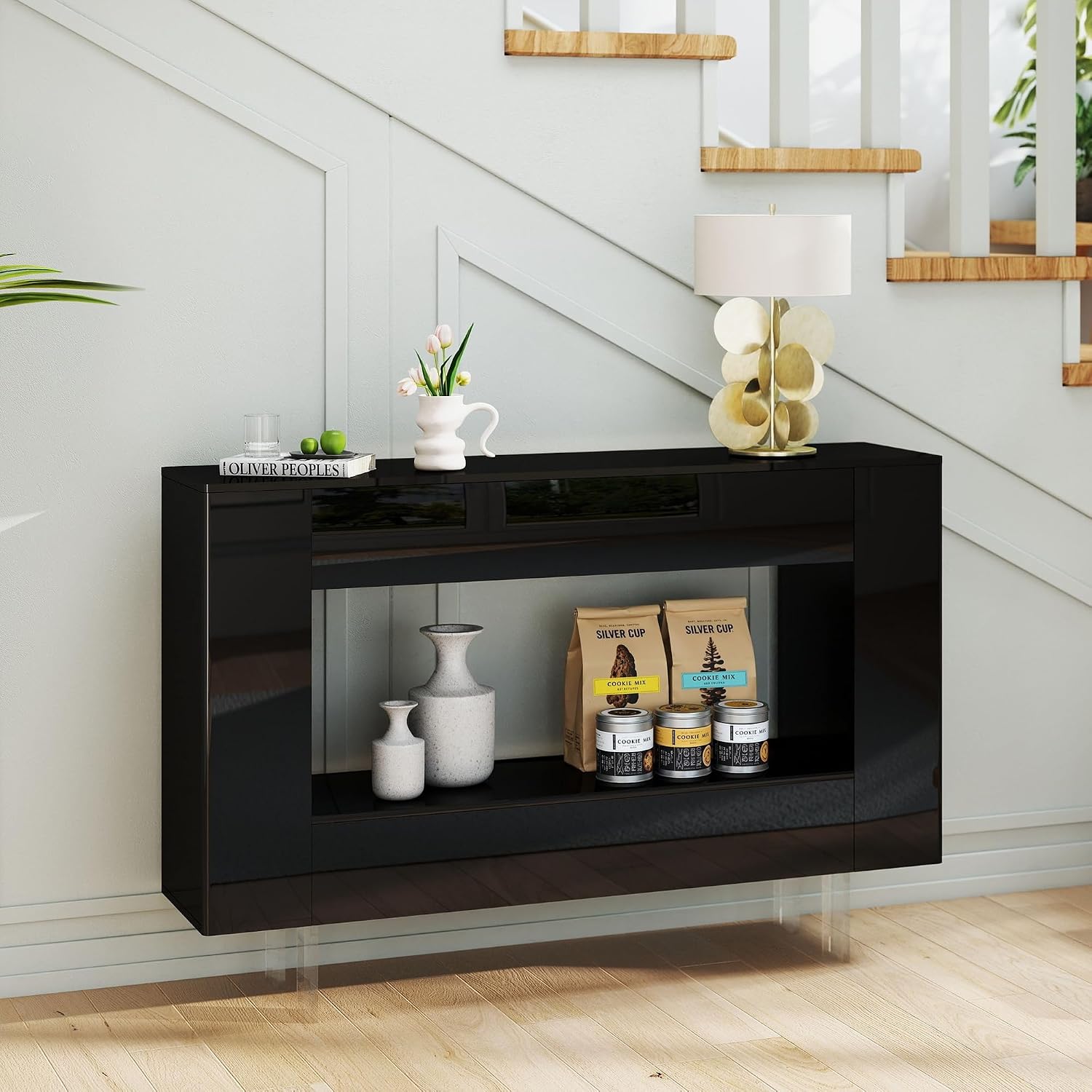 47' High Gloss Console Table with Hidden Side Storage Cabinets, Adjustable Shelves, Modern Black Entryway Sofa Table for Behind The Couch, Living Room, Hallway, Black