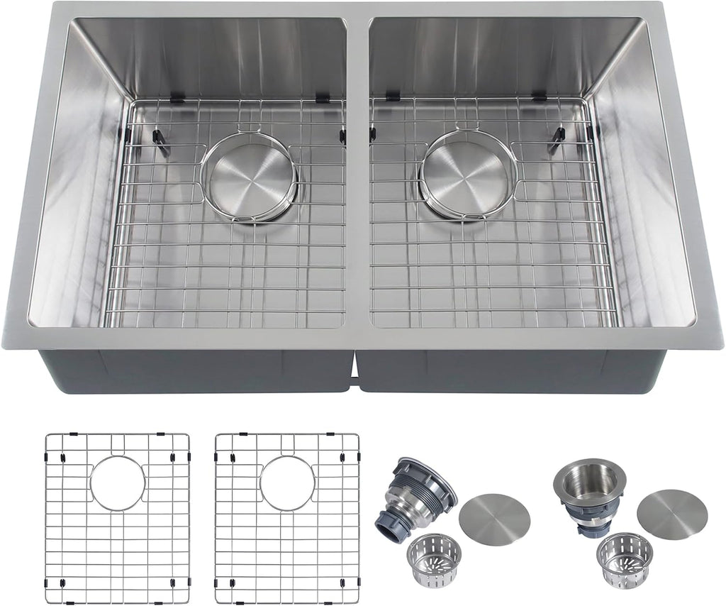 Kitsitchen Undermount Kitchen Sink,16 Gauge 304S Stainless Steel Double Kitchen Sink with Drain Strainers & Grids, 31' x 18' x 9' Large and Deep Handmade Kitchen Sinks,50/50 Double Bowl Design