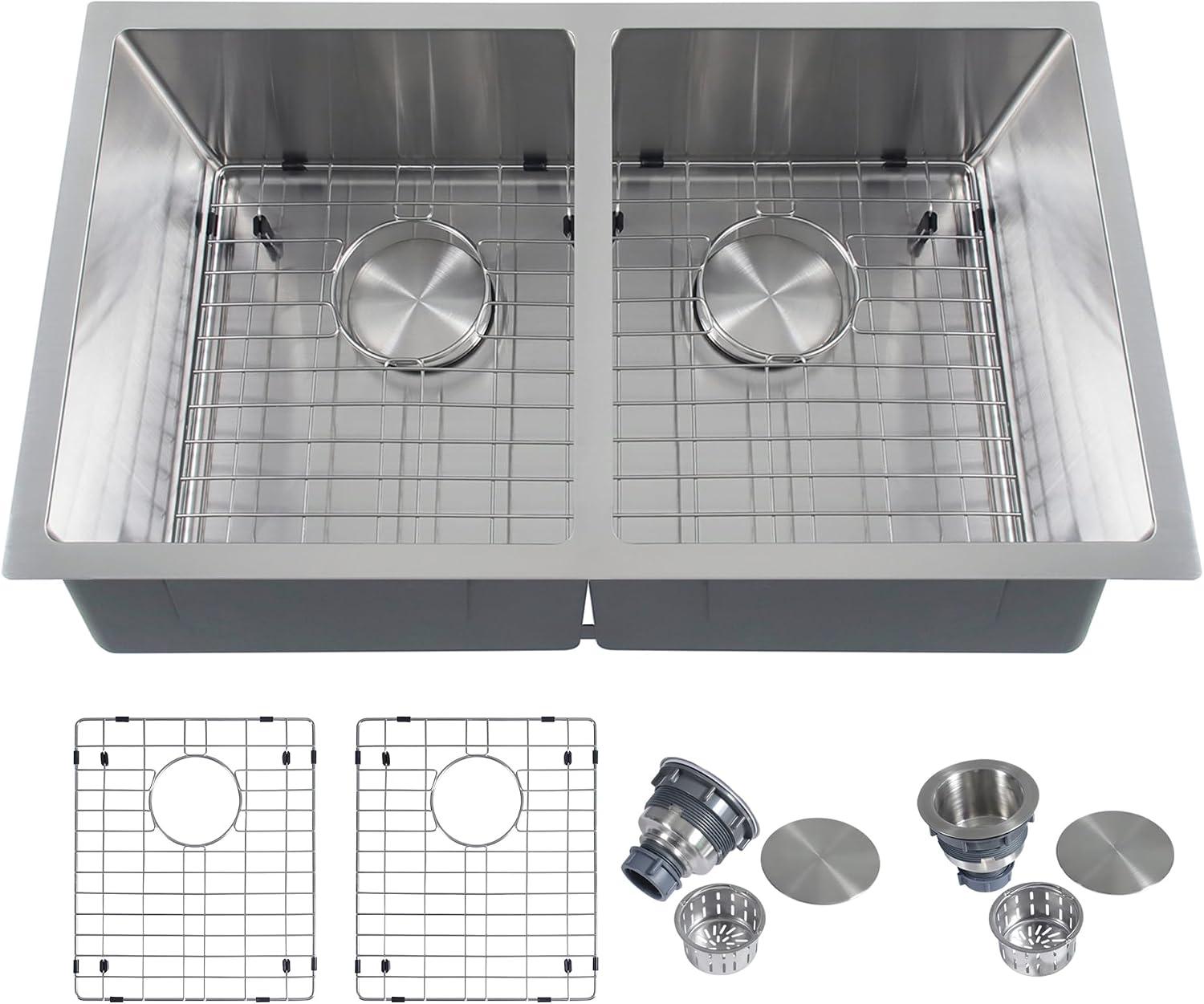 Kitsitchen Undermount Kitchen Sink,16 Gauge 304S Stainless Steel Double Kitchen Sink with Drain Strainers & Grids, 31' x 18' x 9' Large and Deep Handmade Kitchen Sinks,50/50 Double Bowl Design