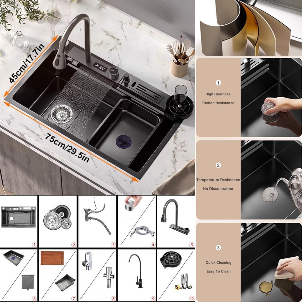 Stainless Steel Waterfall Kitchen Sink Single Bowl Bar Sink with Three-in-one Pull-Out Faucet LED Digital Display Screen Pressurized Cup Washer Knife Holder Box (Black 75x45x21cm)