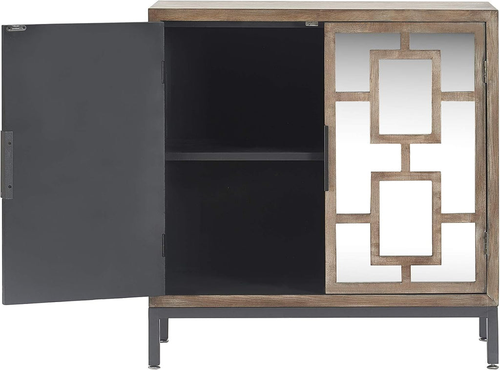 Tommy Hilfiger Hayworth Accent Storage Cabinet with Mirrored Doors, Contemporary Weathered Wood Console Table, Wood Overlay, Gray