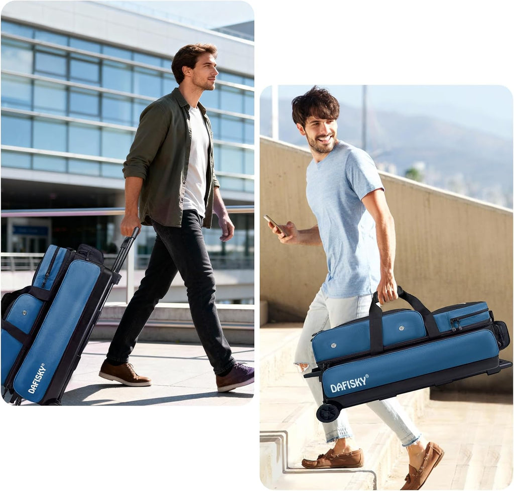 DAFISKY 3 Ball Bowling Bags with Wheels, Roller Bowling Bag with Multiple Pockets Retractable Handle Extends to 38''